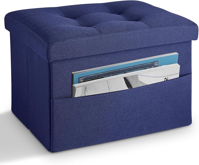 LINMAGCO Storage Ottoman Folding Foot Stool Foot Rest with Side Pocket Modern Ottoman with Storage Short Sofa Stool Linen Cloth 17x13x13(Navy)