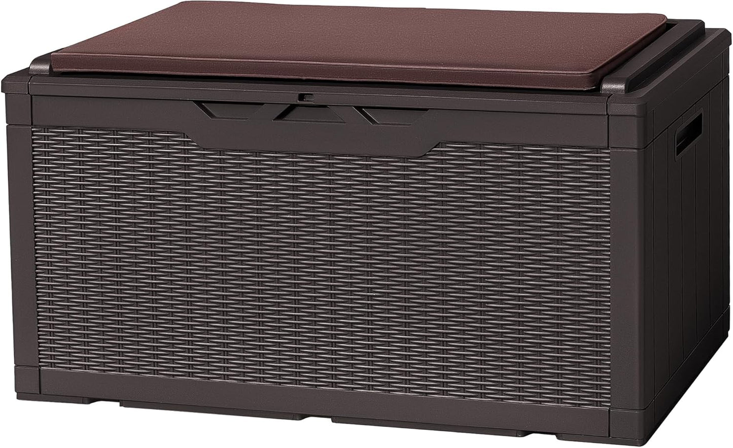Flamaker Deck Box with Cushion 100 Gallon Waterproof Resin Storage Box with Air Rod Indoor Outdoor Lockable Storage Bench for Patio Furniture, Tools, Pool Accessories (Deep Brown)
