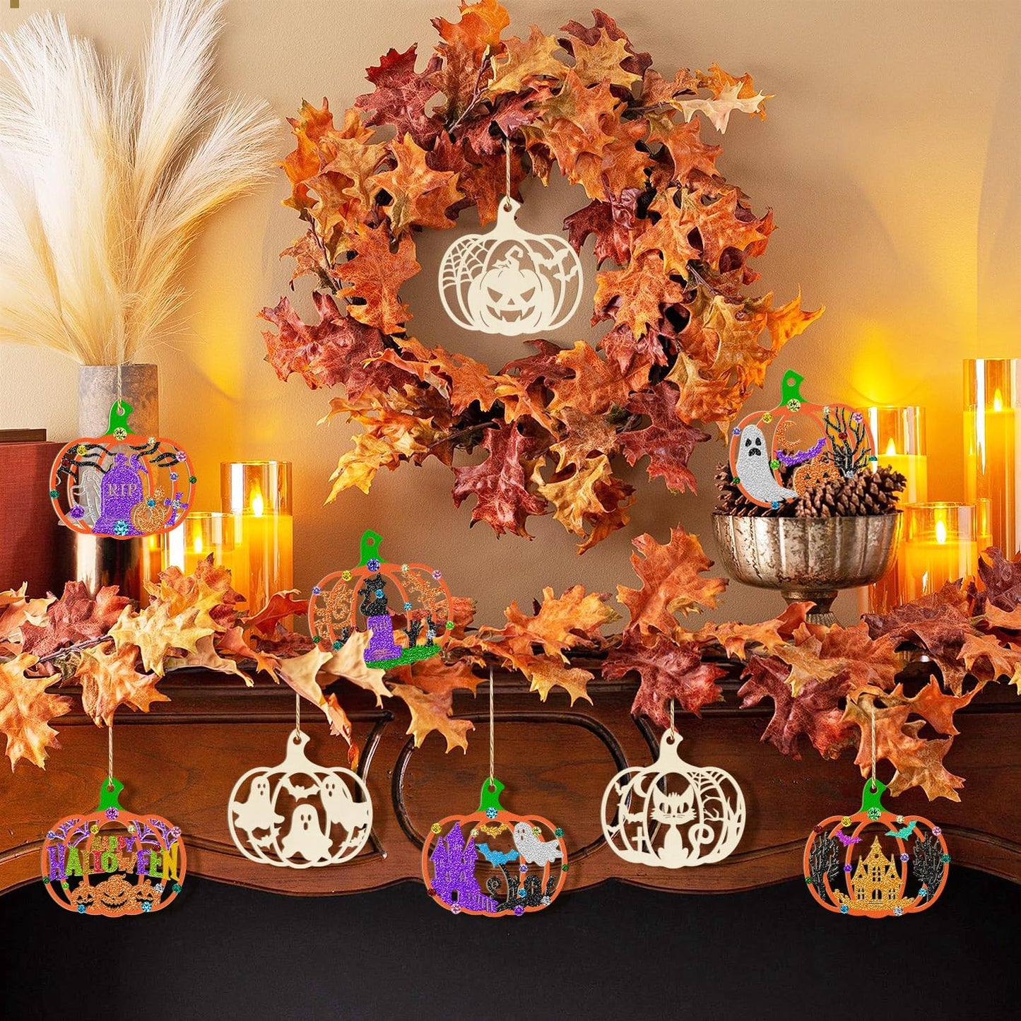 80PCS Wooden Halloween Decoration Pumpkins Ornaments to Paint Happy Halloween Cutouts Unfinished, DIY Blank Unfinished Ghost Spider Web Black Cat Trick or Treat Boo Ornament for Home Crafts Hanging