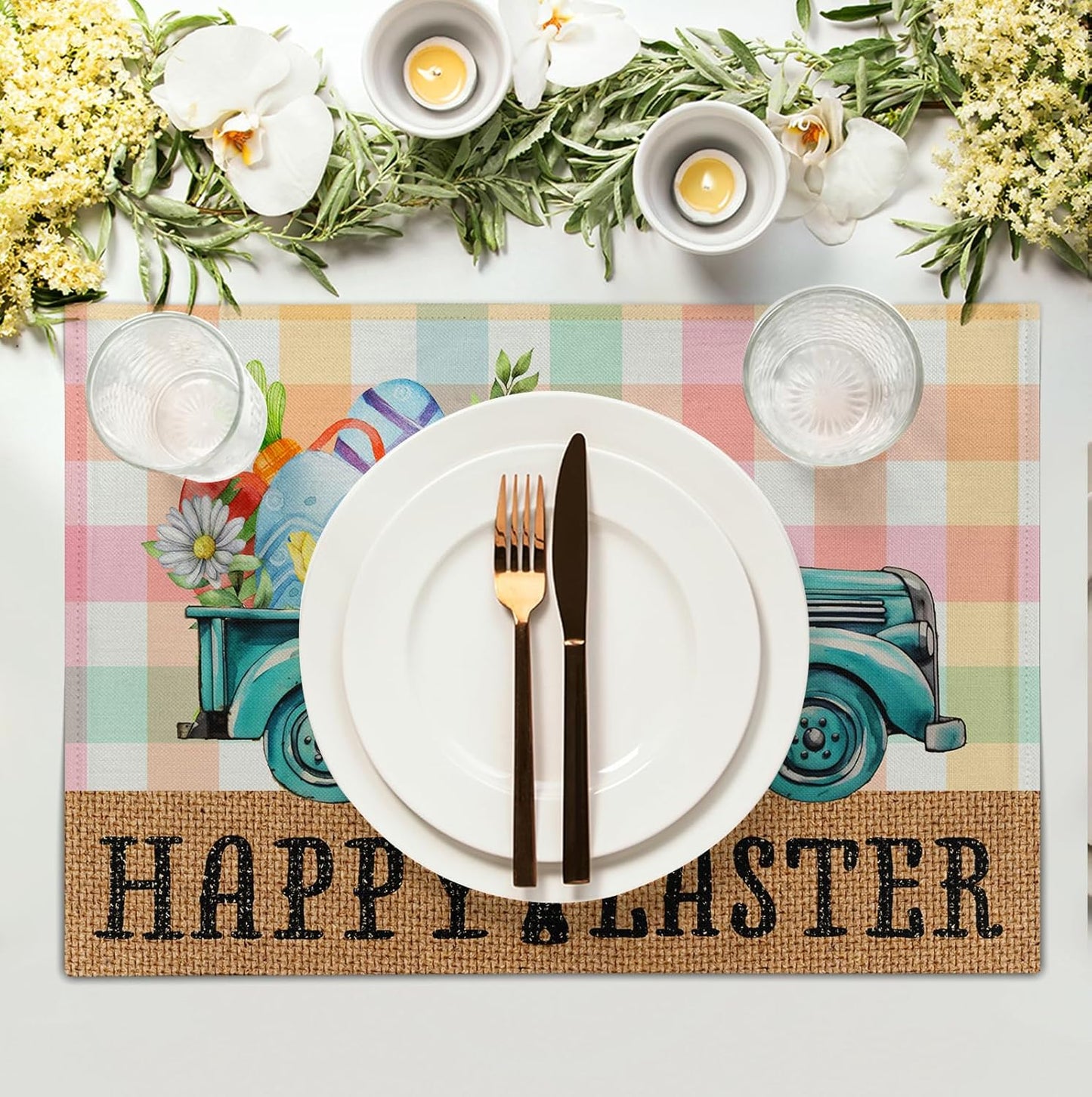 Happy Easter Placemats Set of 4 Pink Yellow Blue Buffalo Plaid Truck Eggs Daisy Easter Table Mats Spring Seasonal Linen Place Mat Washable Place Mats for Party Kitchen Dining Outdoor Indoor Decor