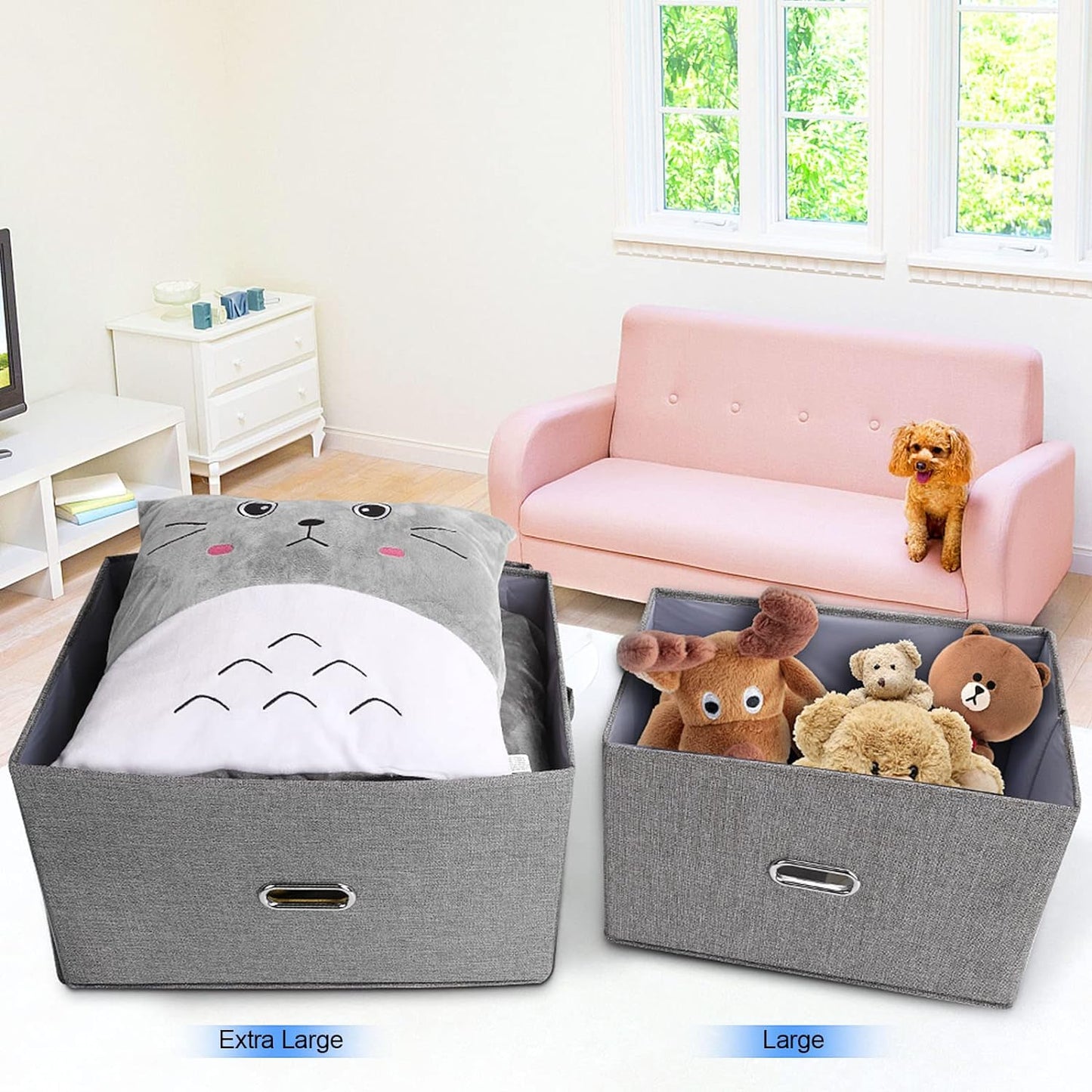 Large Linen Fabric Foldable Storage Bins with Removable Lid and Handles, Washable Storage Box Organizer Containers Baskets Cube with Cover for Bedroom,Office(Black, Large(2-Pack))