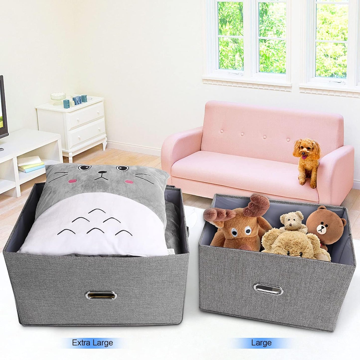 Large Linen Fabric Foldable Storage Bins with Removable Lid and Handles, Washable Storage Box Organizer Containers Baskets Cube with Cover for Bedroom,Closet,Office (Khaki, Extra Large)