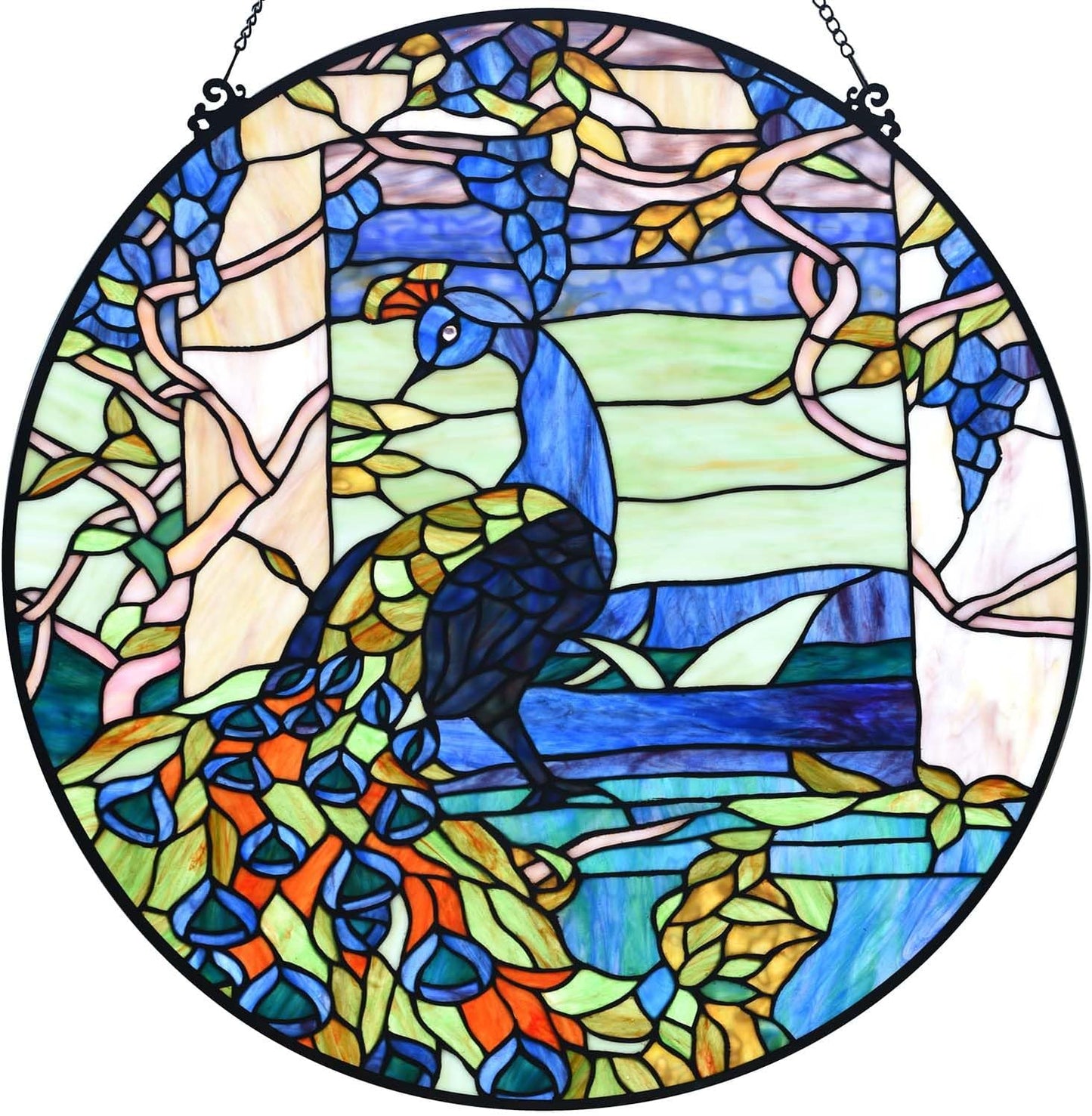 Bieye W10094 Peacock in Garden Tiffany Style Stained Glass Window Panel for Home Decor (Blue, 24" Round)