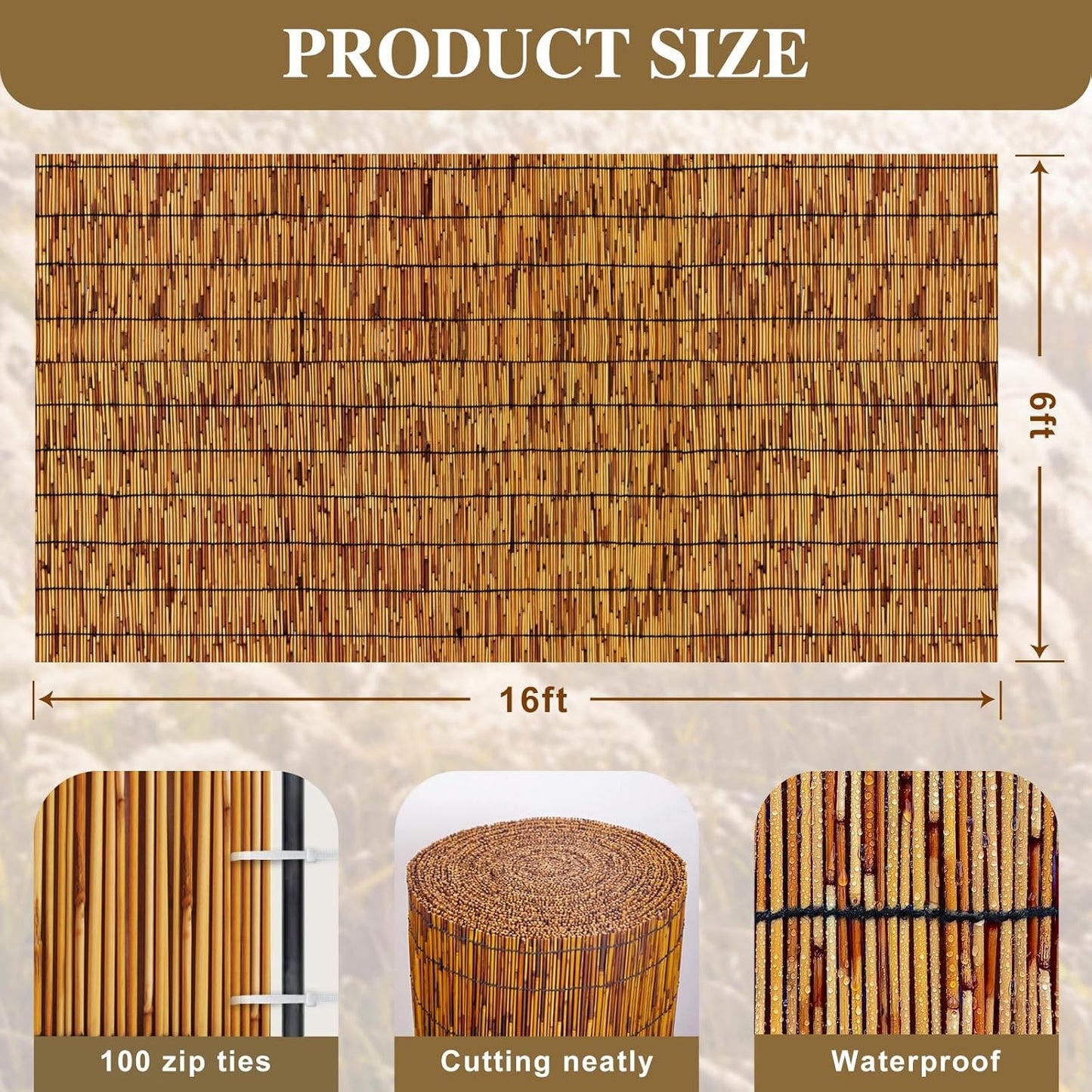 Reed Fencing Rolls,Bamboo Screens Outdoor for Patio,6 Feet High,Suitable for Patio Garden Balcony Terrace and Courtyard Shading 6x16FT