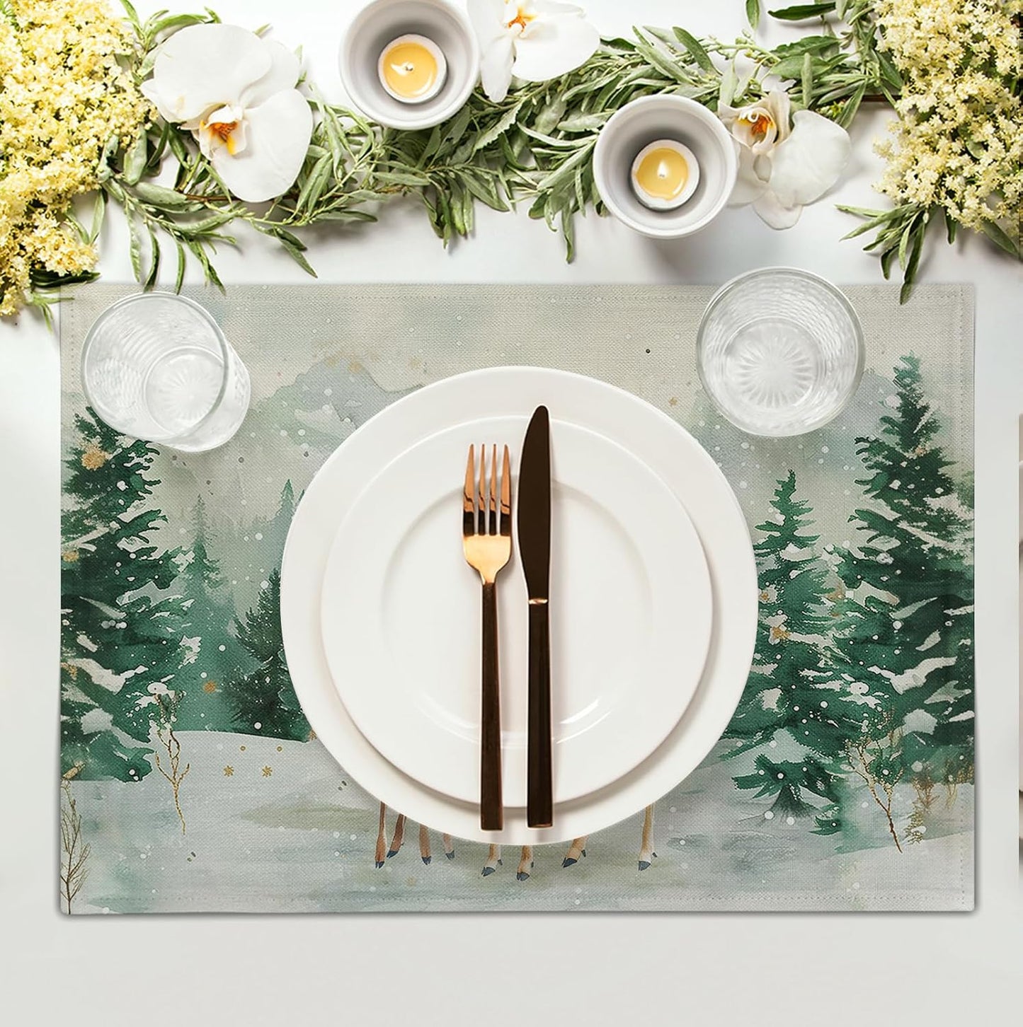 Christmas Watercolor Deer Trees Snowflakes Placemats Set of 4 Winter Rustic Nature Forest Linen Table Mat 12x18 Inch Seasonal Farmhouse Washable Place Mats for Dining Table Kitchen Xmas Decor