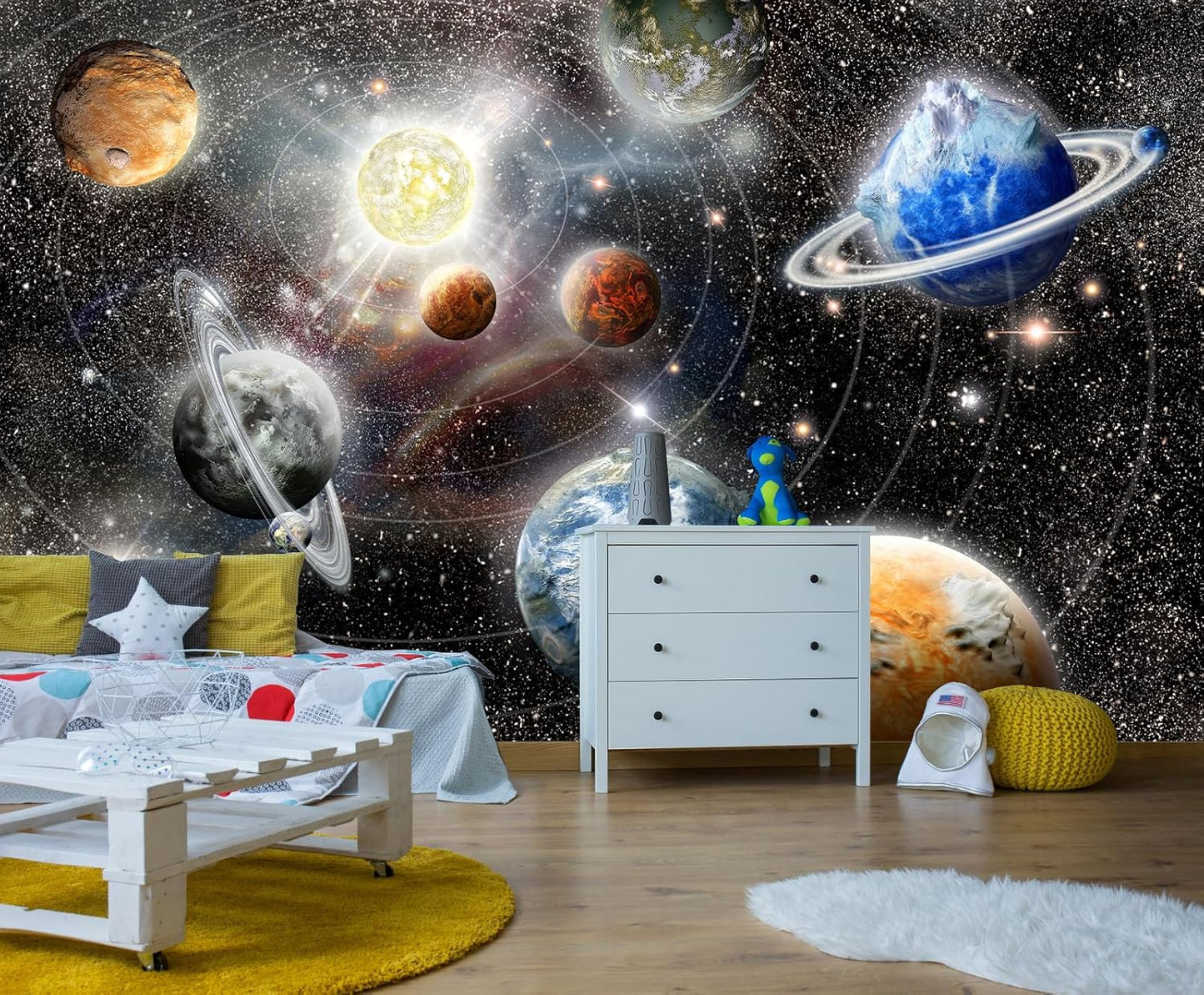 Galaxy Starry Sky Space Wall Mural Saturn Mars Venus Planet Wallpaper for Kids Room Bedroom Living Room(Not Peel and Stick)