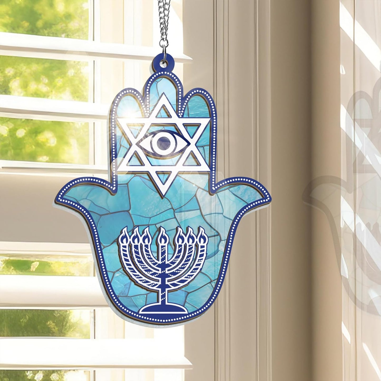 FLAGWIX Hanukkah Gifts for Women Men - Double Layered Hanging Suncatcher 6 in - Christmas Birthday Spiritual Good Luck Housewarming Gifts for Mom Dad Friends, Hamsa Hand Fatima Home Decor