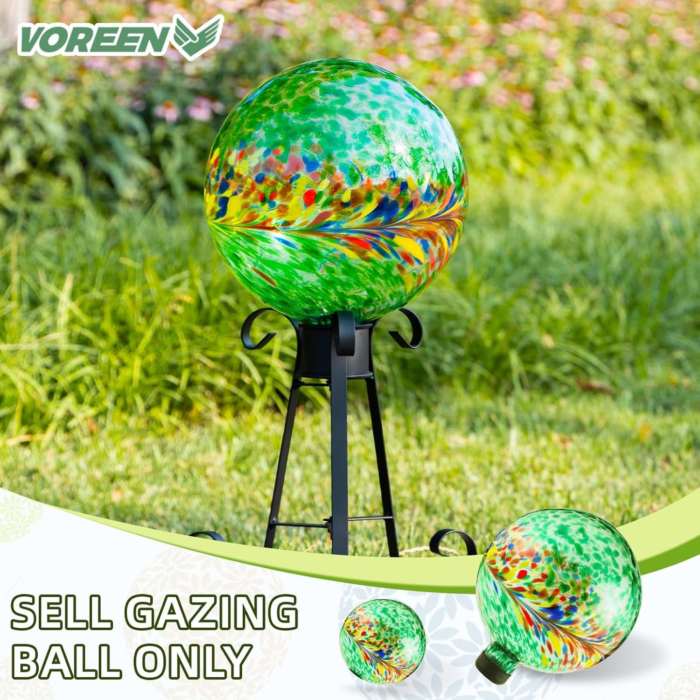 VOREEN 10-Inch Glass Gazing Ball, Outdoor Gazing Globe, Reflective Ball Yard Decoration for Homes, Patio, Lawn and Gardens, Gift for Mom Wife Friend, Phoenix Tail Design, Green