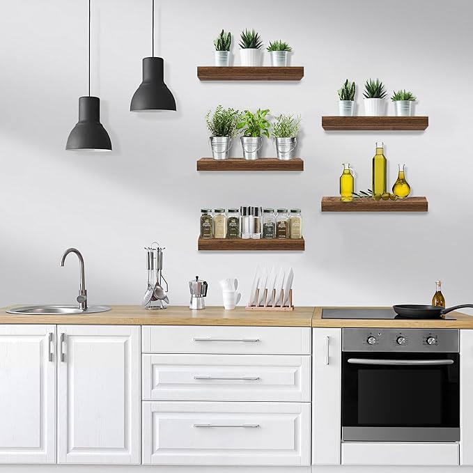 Sorbus Floating Shelves for Wall, Bathroom Shelves Wall Mounted for Kitchen, Bedroom, Living Room, Bathroom Storage, Over Toilet, Hanging Book Shelf for Ｗall Home Decor (Walnut, 5 Pack)