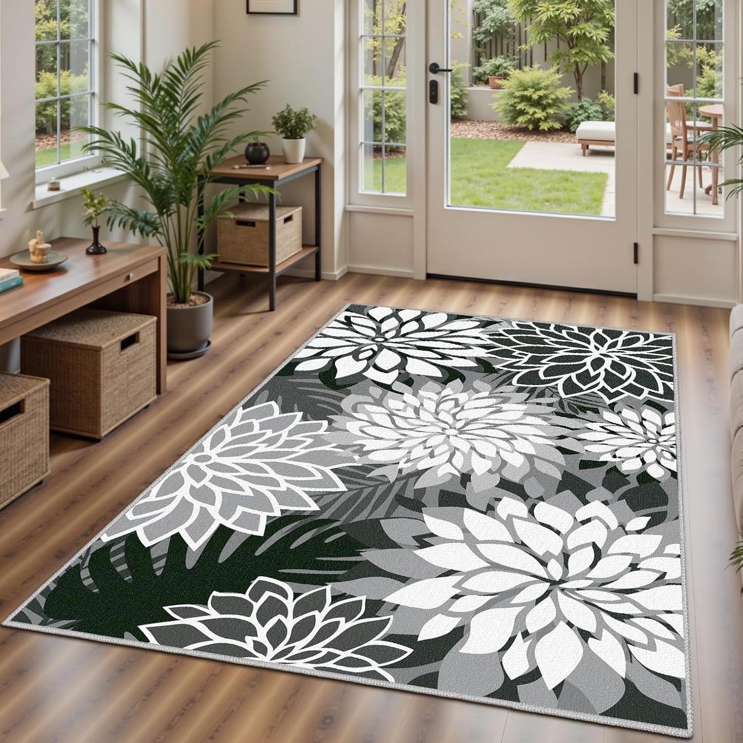 Area Rug 3x5 Black White Washable Entry Rug Multicolored Tropical Botanical Modern Floral Indoor Kitchen Door Mat Entrance Carpet Non Slip for Bedroom Living Room, Porch