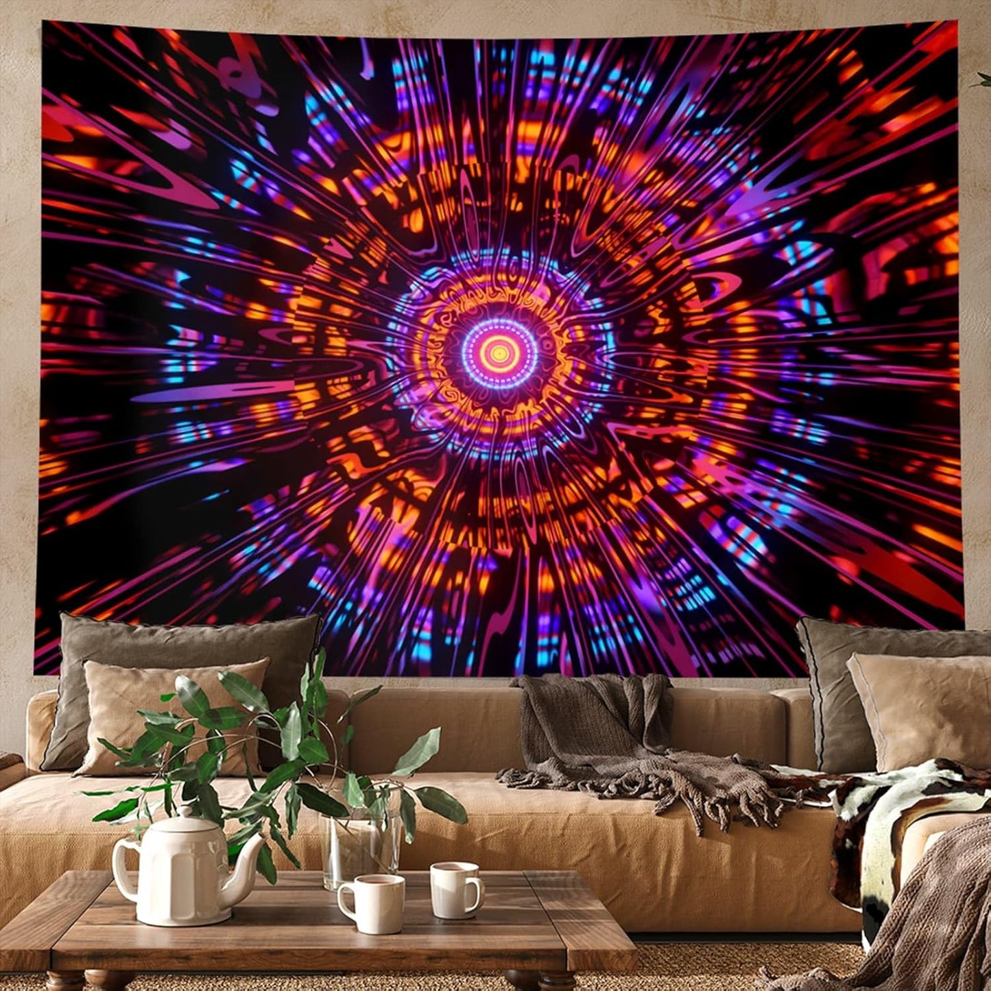 PSYHILAR Blacklight Mandala Tapestry for Bedroom, Psychedelic Black Light Posters for Adults and Teens, Colorful UV Reactive Aesthetic Bohemian Art Wall Hanging Decor Red and Purple (40 x 30 Inches)