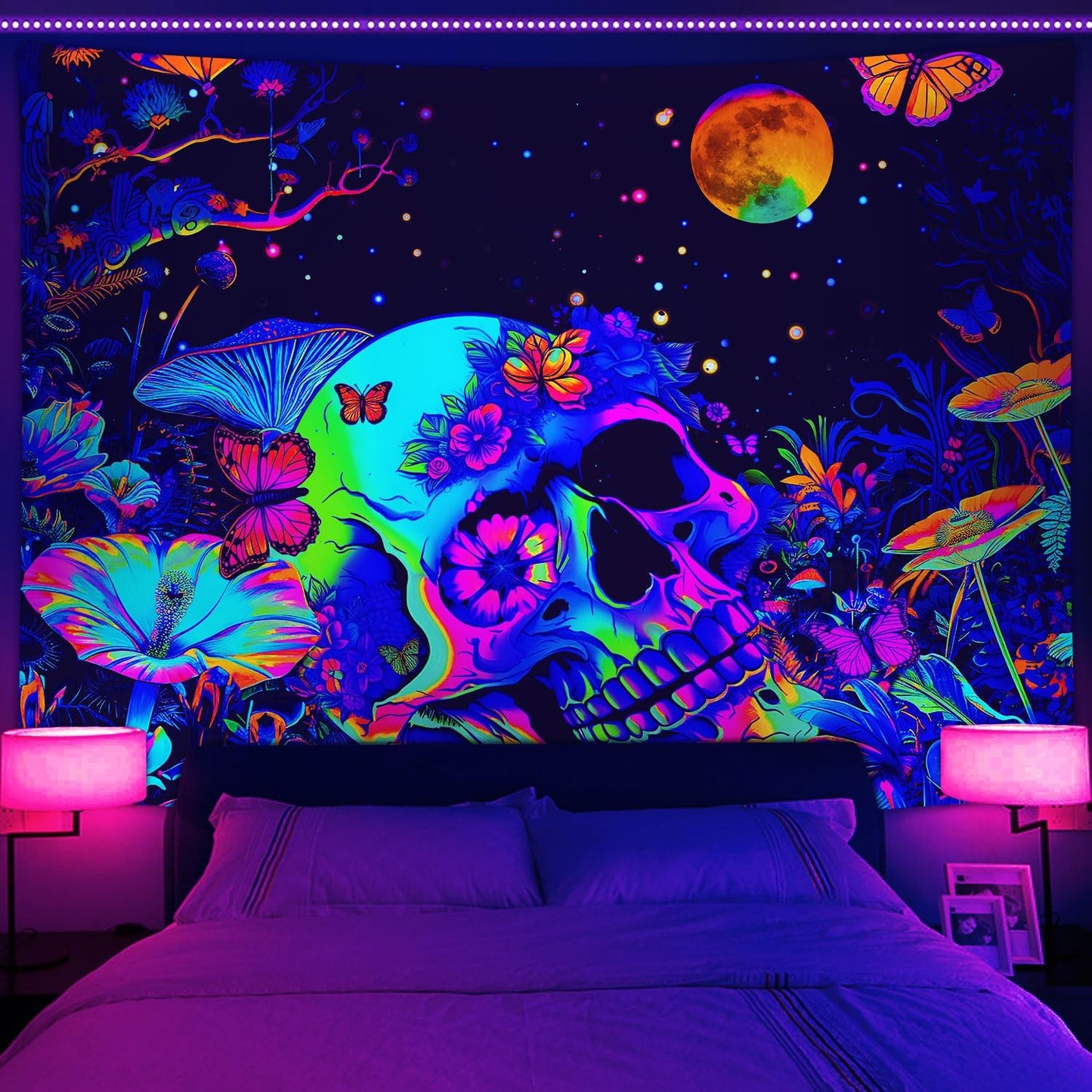 Xiaoput Blacklight Skull Skeleton Tapestry for Bedroom, Floral UV Mushroom Plants Reactive Tapestry, Glow in the Dark Black Light Poster, 90x70IN