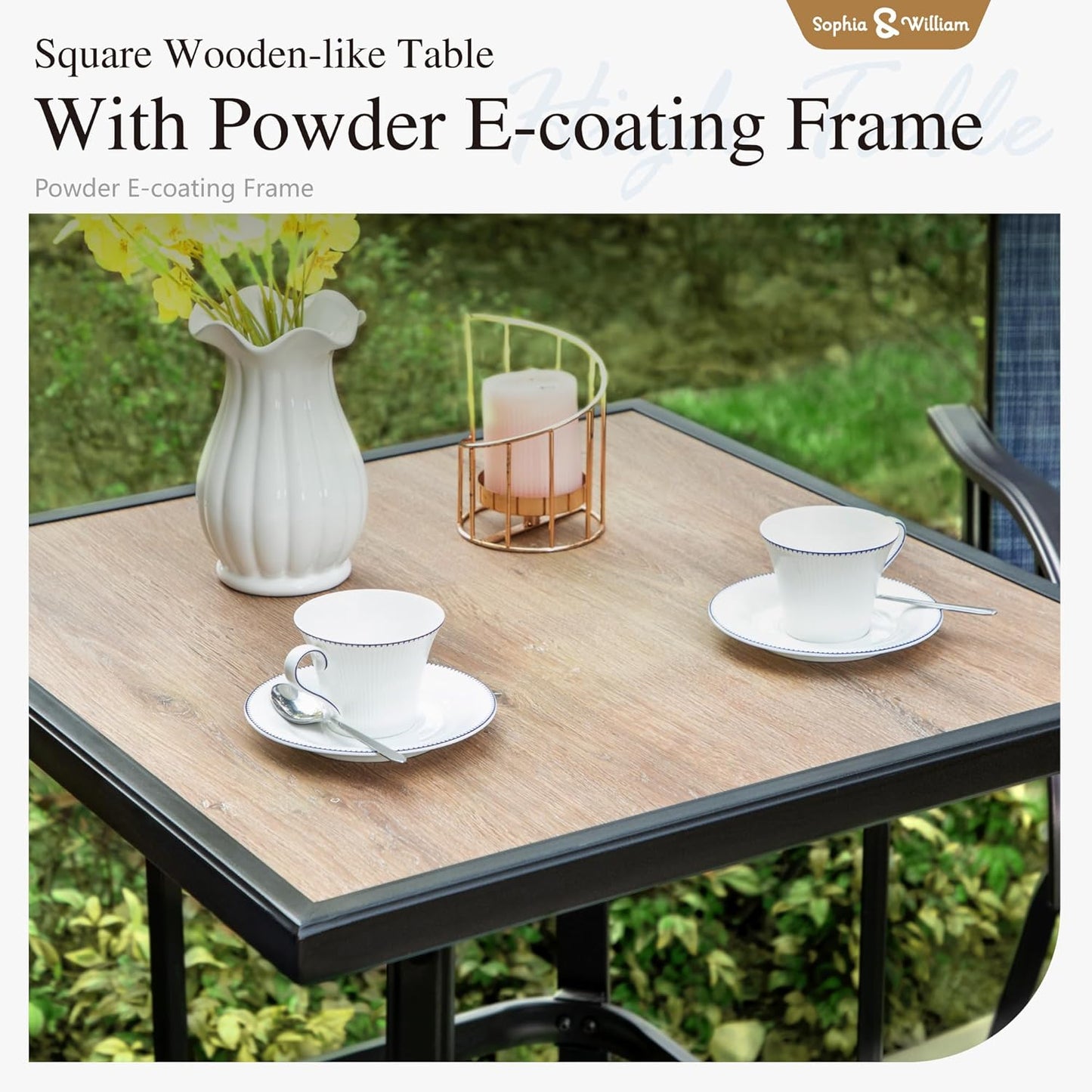 Sophia & William Outdoor Bar Set, Patio Bar Table and Chairs Set, Bar Height Patio Set - 2 x Swivel Bar Chairs(Blue), 1 x Square Bar Table(Wood-Like)