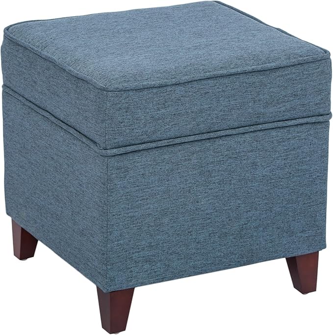 Adeco 17" Square Ottoman with Storage, Small Blue Storage Ottoman Foot Rest with Hinged Lid & Solid Wood Legs, Linen Fabric Foot Stool for Living Room & Bedroom