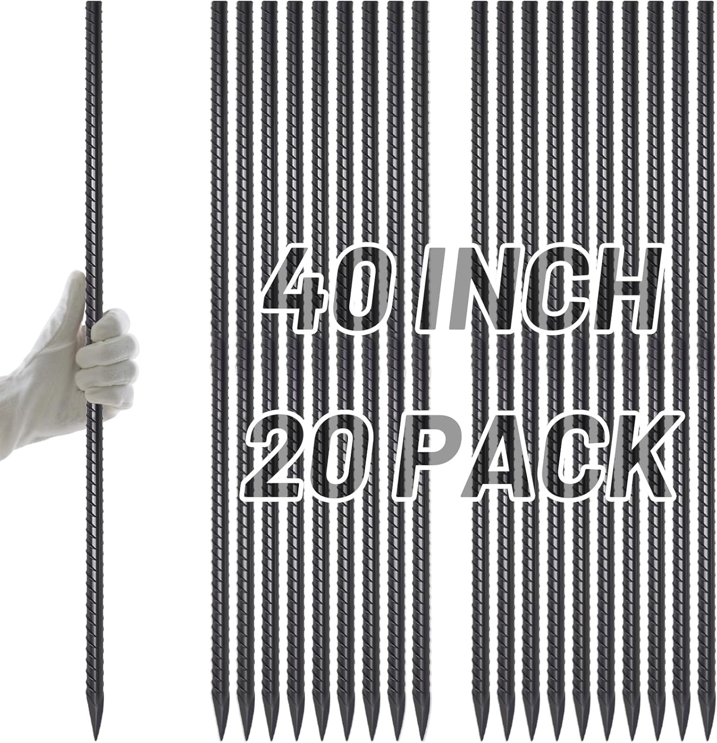 AAGUT 40" Rebar Stakes 20 pcs, Heavy Duty 1/2" Landscpe Timber Spikes Concrete Forming Stakes Straight Metal Garden Plant Stakes Anti Rust Black Coating