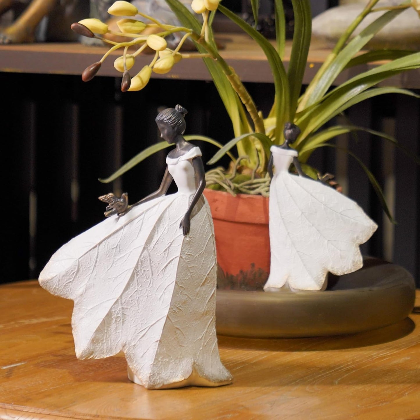 Guichifun Fairy Statue Collection Home Decoration - White Leaf Angel Girls with Bird Resin Home Decor for Outdoor or Indoor Outdoor Yard Decorations Figurines Retirement Gift 8.5 x 5.25 x 12 Inch