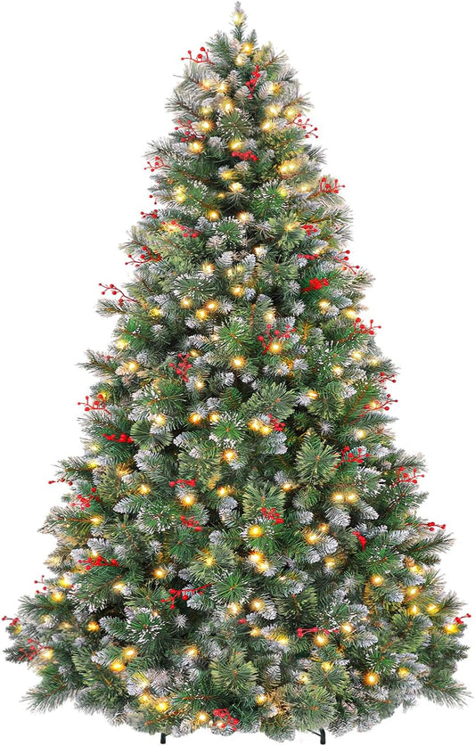 Hykolity 6 ft Prelit Artificial Christmas Tree, Frosted Christmas Tree with 250 Warm White Lights, 956 PVC Branch Tips, Metal Stand and Hinged Branches