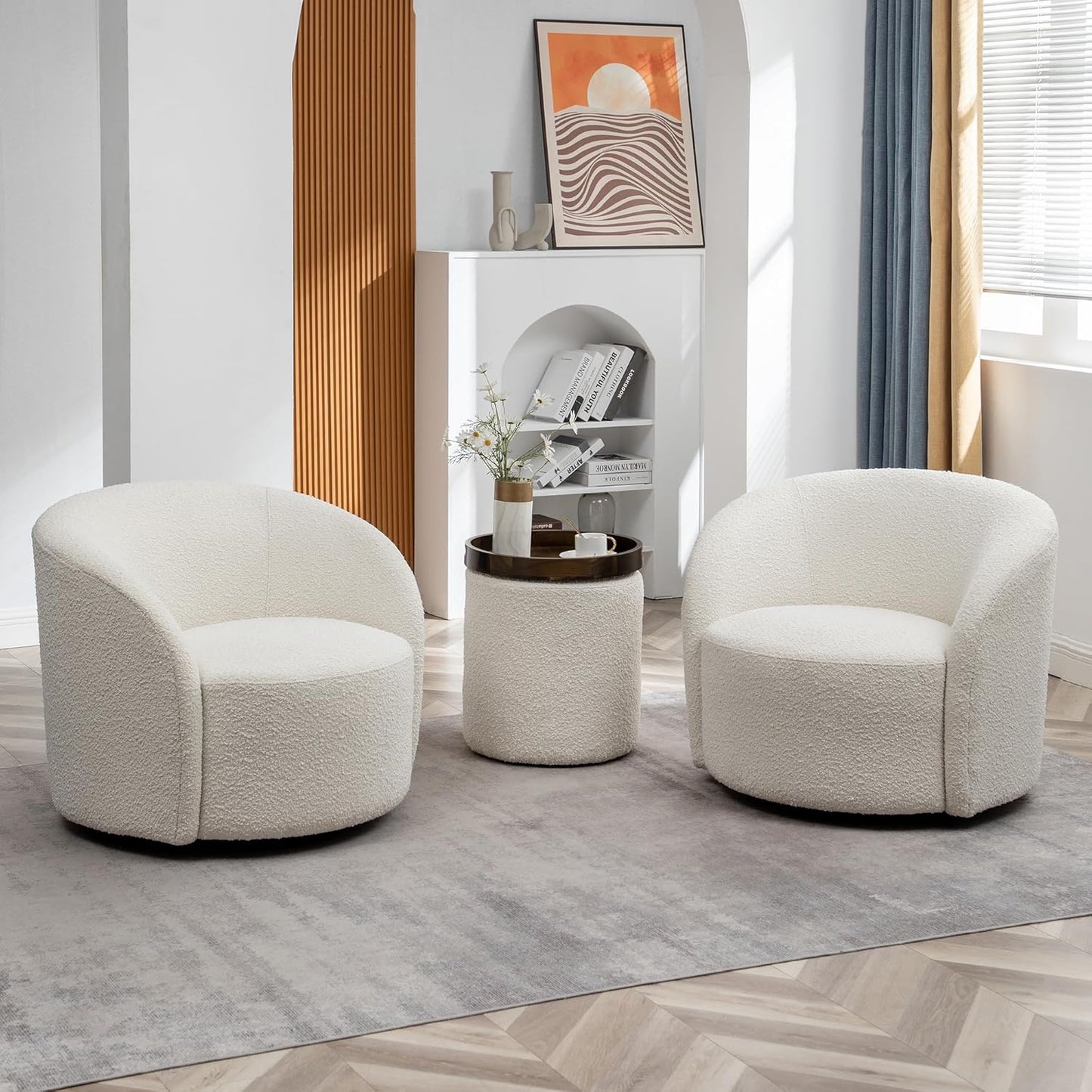 KINWELL 34" W Swivel Barrel Chair Set of 2, Mid Century Modern Round Upholstered Boucle Swivel Accent Chairs, No Assembly Sofa Chair for Living Room Bedroom Reading, Cream