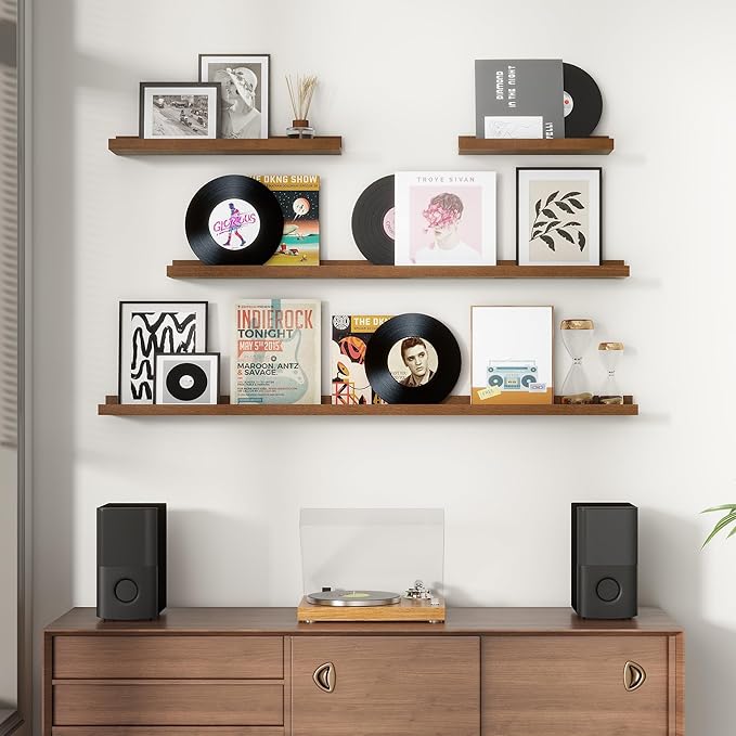 Pine Wood Rustic Floating Ledge Shelves Set of 3, 16 inches Width - Solid Pine, Walnut Finish - Kids' Room to Living Room Wall Decor