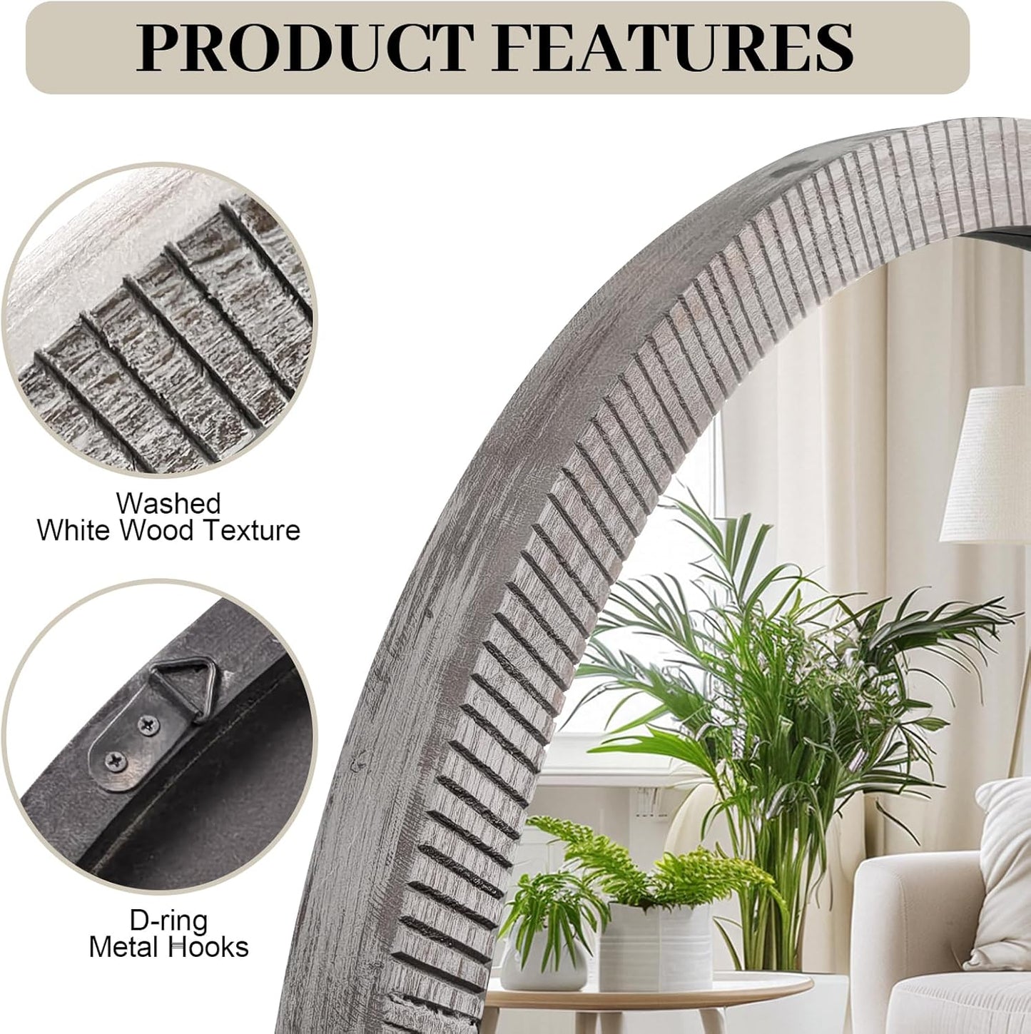 30" Round Wood Mirror, Large Round Mirror with Beveled, Wood Round Mirrors for Wall Decor, Rustic Circle Wall Mirrors for Entryway, Living Room, White Washed Frame