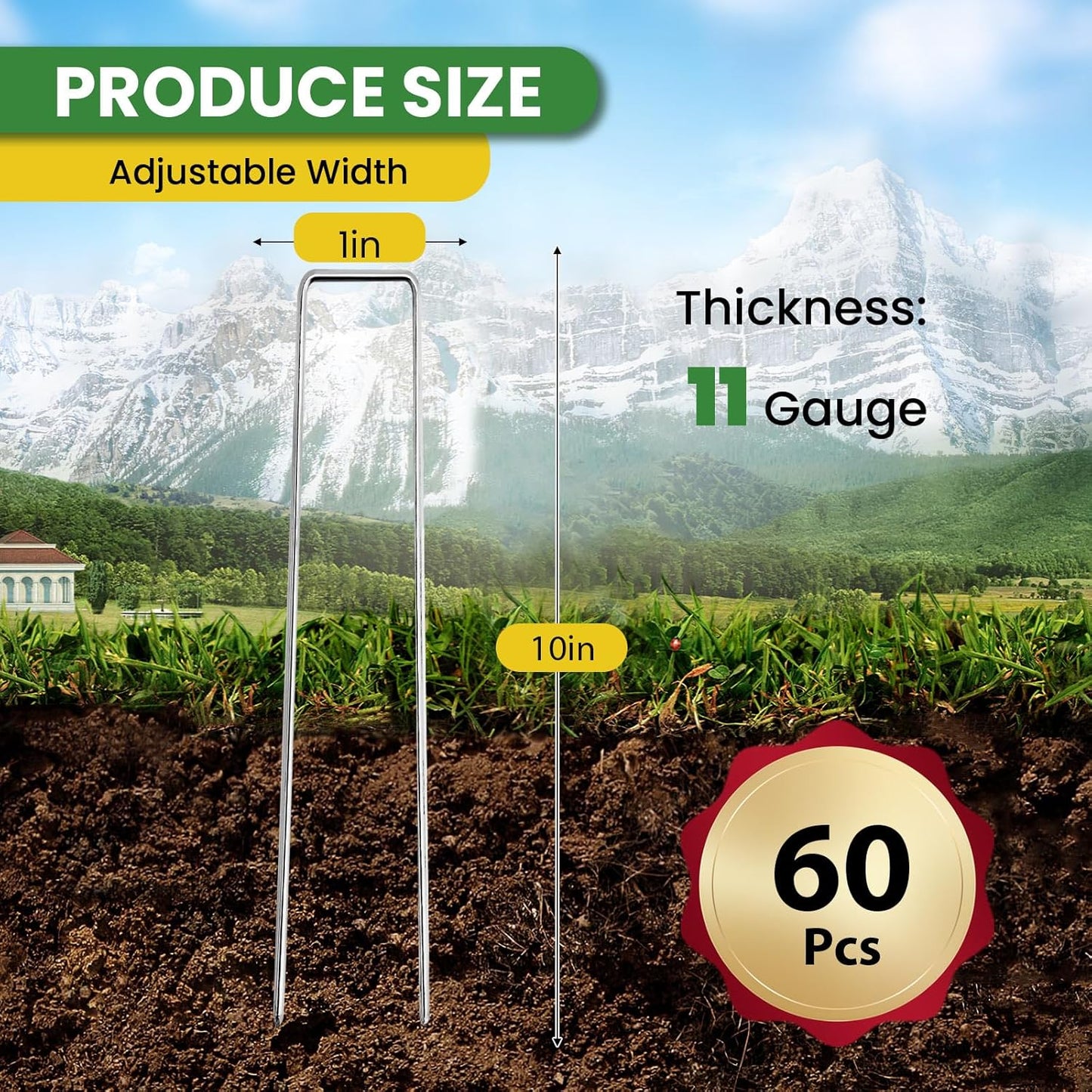 Landscape Staples 10 Inch 60 Pack, Garden Stakes Galvanized Garden Staples 11 Gauge, Plant Cover Stakes for Lawn Weed Barrier