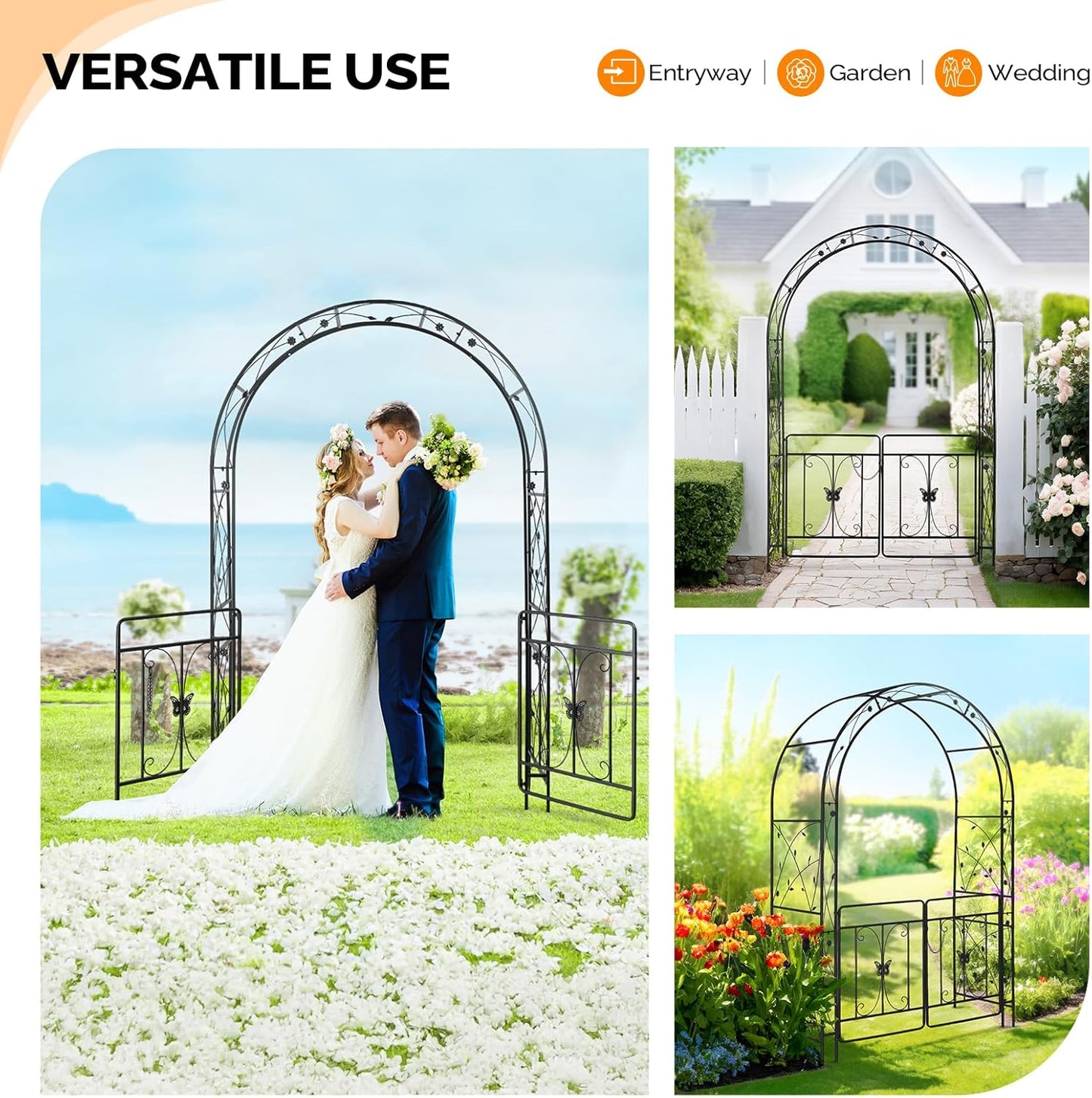 VINGLI Garden Arbor Arch, Wedding Arch Archway for Ceremony Party, Trellis for Plant Climbing, Christmas Decorations Pergola for Backyard, Lawn, Patio, Yard (Arbor with Gate)