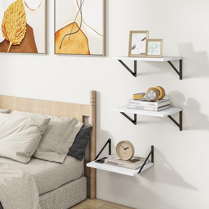 Heimlove Deep Floating Shelves for Wall, 12 Inch Deep Floating Shelves Set of 3, 16W x 12D Wood Wall Shelves, Wide Wood Shelves with Metal Bracket for Living Room, Kitchen, Office, Bedroom - White