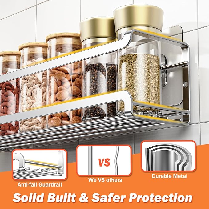 Spice Rack wall mounted 4 Pack, Space-Saving Spice Organizer for Spice Jars and Seasonings,Screw or Adhesive Hanging Spice Rack Organizer for Your Kitchen Cabinet,or Pantry Door,Chrome