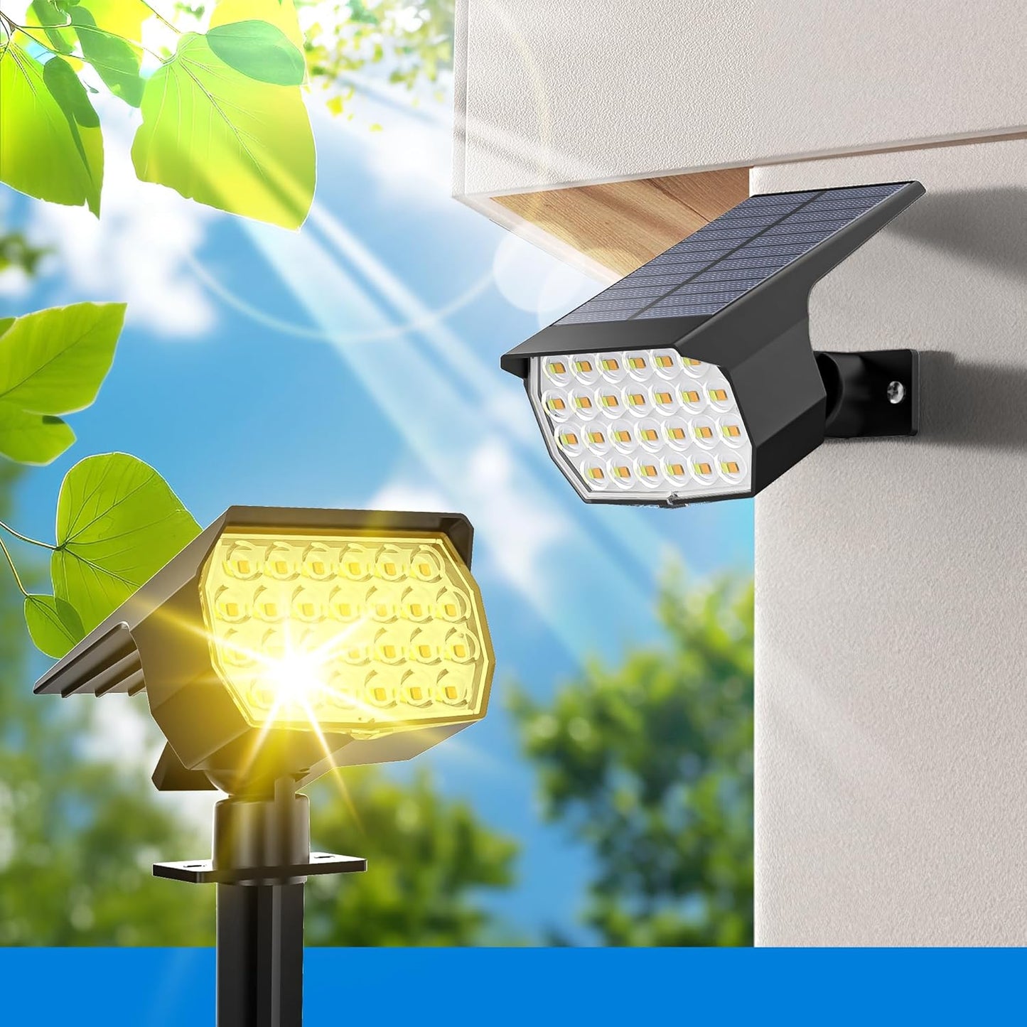 3 Colors Solar Lights Outdoor Waterproof IP65 Outdoor Spot Lights for Yard 52 LEDs 600LM Solar Powered Landscape Spotlights Solar Security Wall Lights for Garden Pathway Outside- 2 Pack