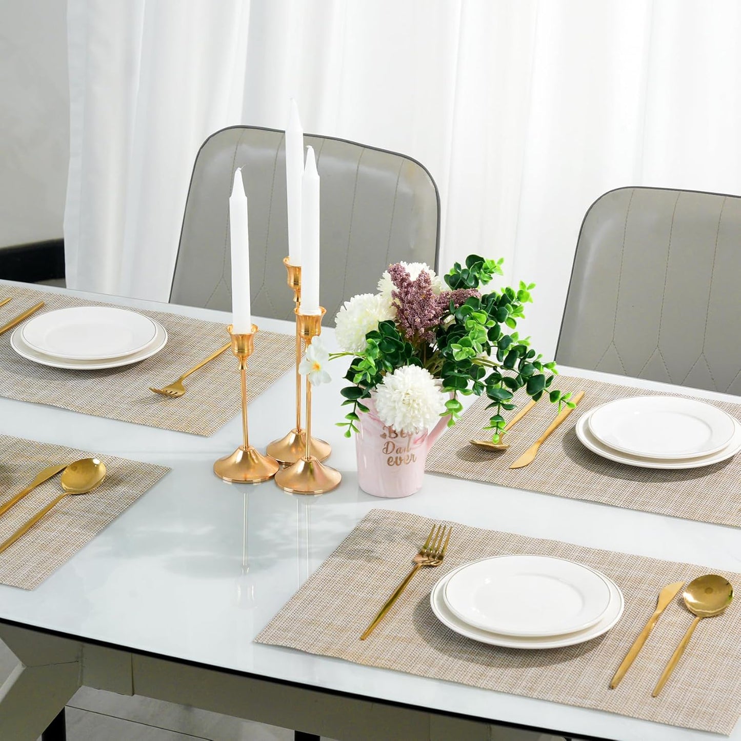 Placemats Set of 6，Non-Slip PVC Weave Table Mats Easy to Clean，Heat Resistant Place Mats for Kitchen Dining Table Decoration Indoor Outdoor，Beige