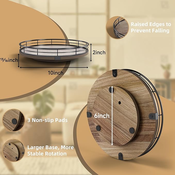 Acacia Wood 10" Lazy Susan Turntable Organizer for Table Top, Farmhouse Round Wooden Lazy Susan for Cabinet Kitchen Centerpieces Coffee Table, for Condiments Spices, Bathroom Vanity Tray Decor