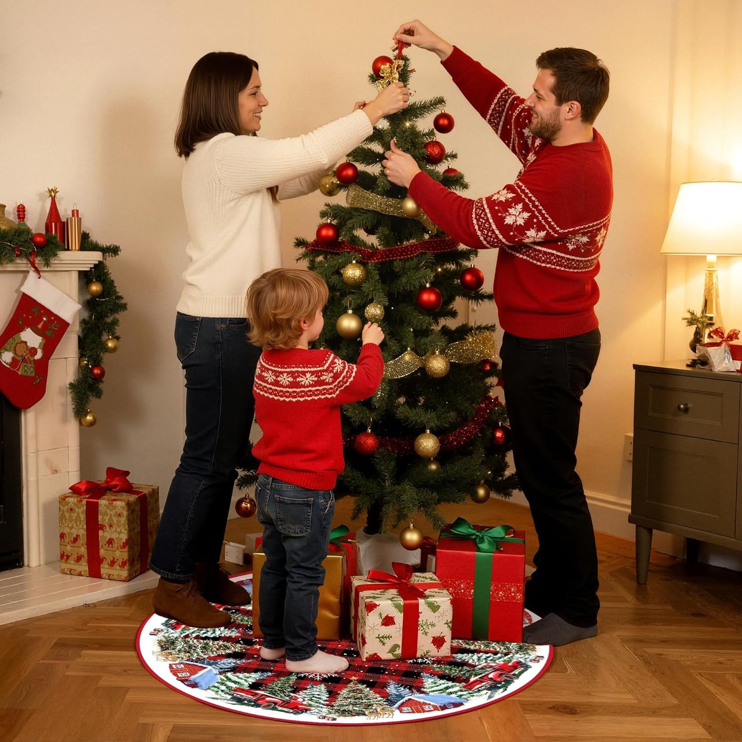 Christmas Tree Skirt 48 Inches Red Xmas Soft Cover Mat Decor Retro Xmas Tree Skirt for New Year Holiday Ornaments Indoor Outdoor Decorations (Buffalo Plaid)