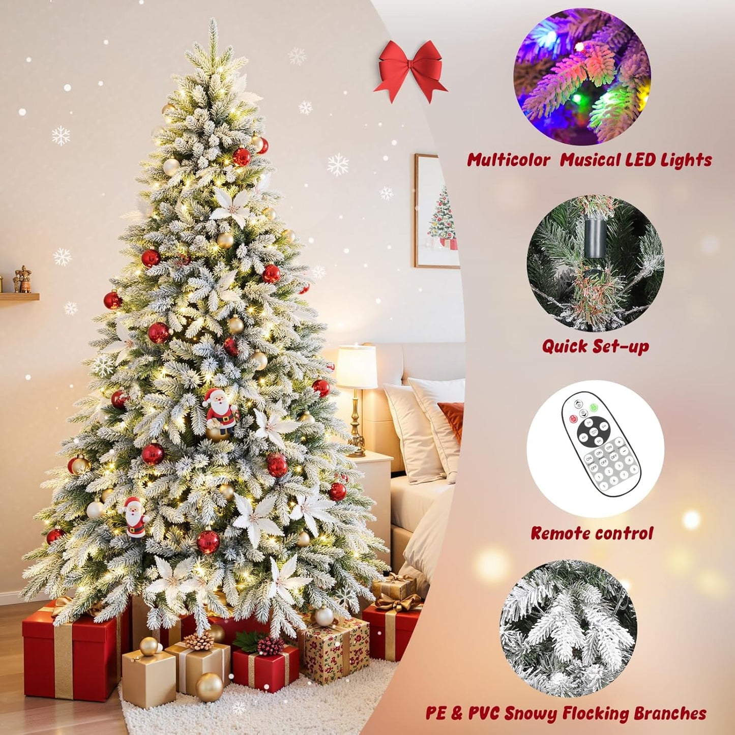 7.5FT Rotating Christmas Tree with Remote, Pre-Lit Artificial Green PE & PVC Xmas Tree, Multicolor LED Lights with Music & Flash Modes, Deluxe Holiday Home Decor