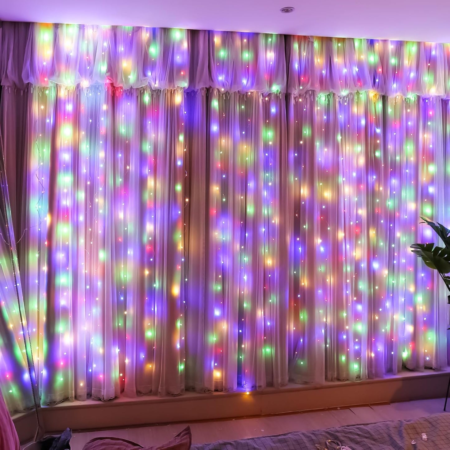 HXWEIYE 300LED Multicolor Fairy Curtain Lights with Remote 8 Modes Timer for Bedroom, 9.8x9.8Ft USB Plug in Christmas Fairy String Hanging Lights for Outdoor, Weddings, Party, Wall, Decorations