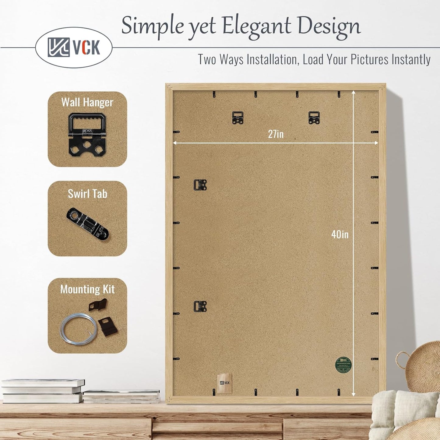 VCK 27x40 Oak Poster Frame 3 Pack, Natural Solid Wood Picture Frames, Wall Gallery Frame