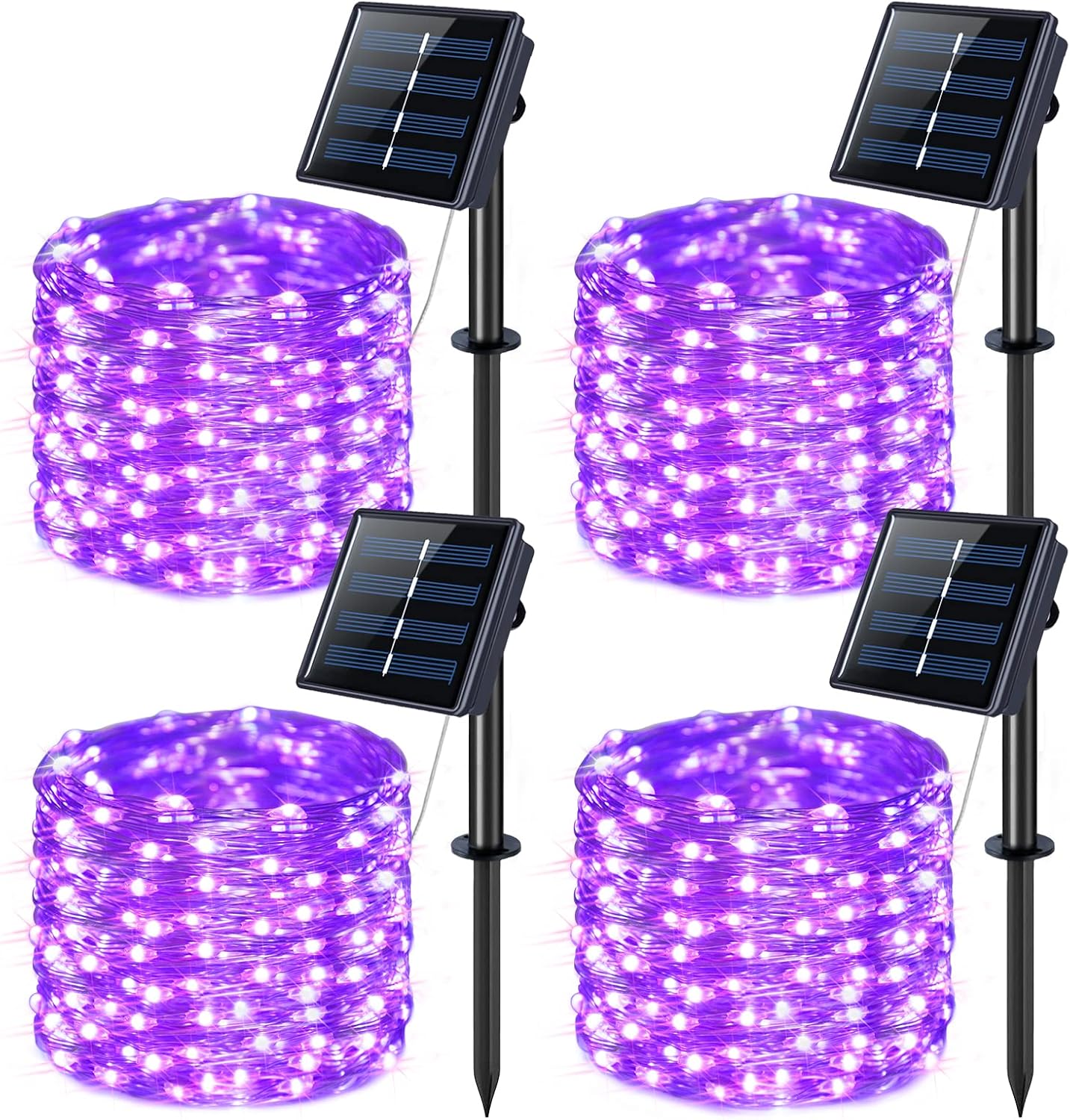 JMEXSUSS 4 Pack Purple Solar String Lights Outdoor Waterproof, 100 LED 33ft Purple Solar Fairy Lights, 8 Modes Copper Wire Christmas Light for Halloween Christmas Garden Yard Tree Decor