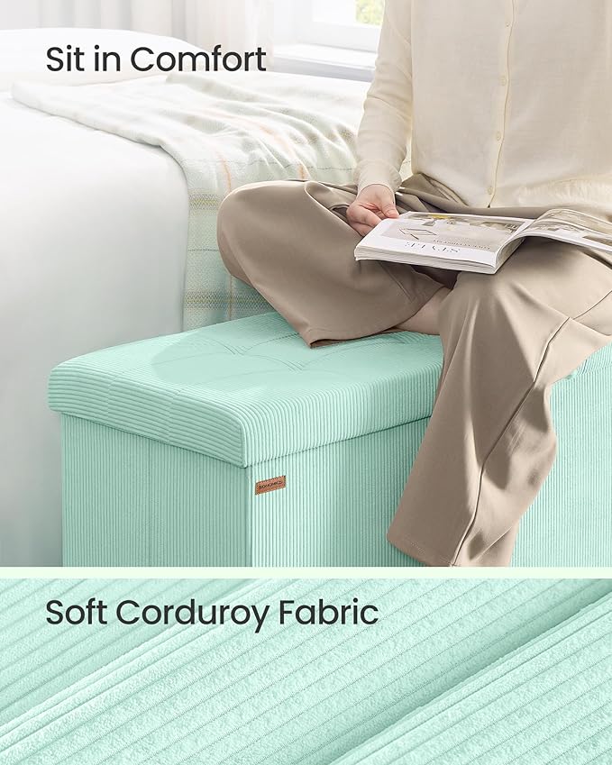 SONGMICS MAZIE Collection - Storage Ottoman Bench, Foldable Foot Rest, 15 x 43 x 15 Inches, End of Bed Bench, Storage Chest, Load 660 lb, Living Room, Bedroom, Entryway, Moonlight Green ULSF604C01