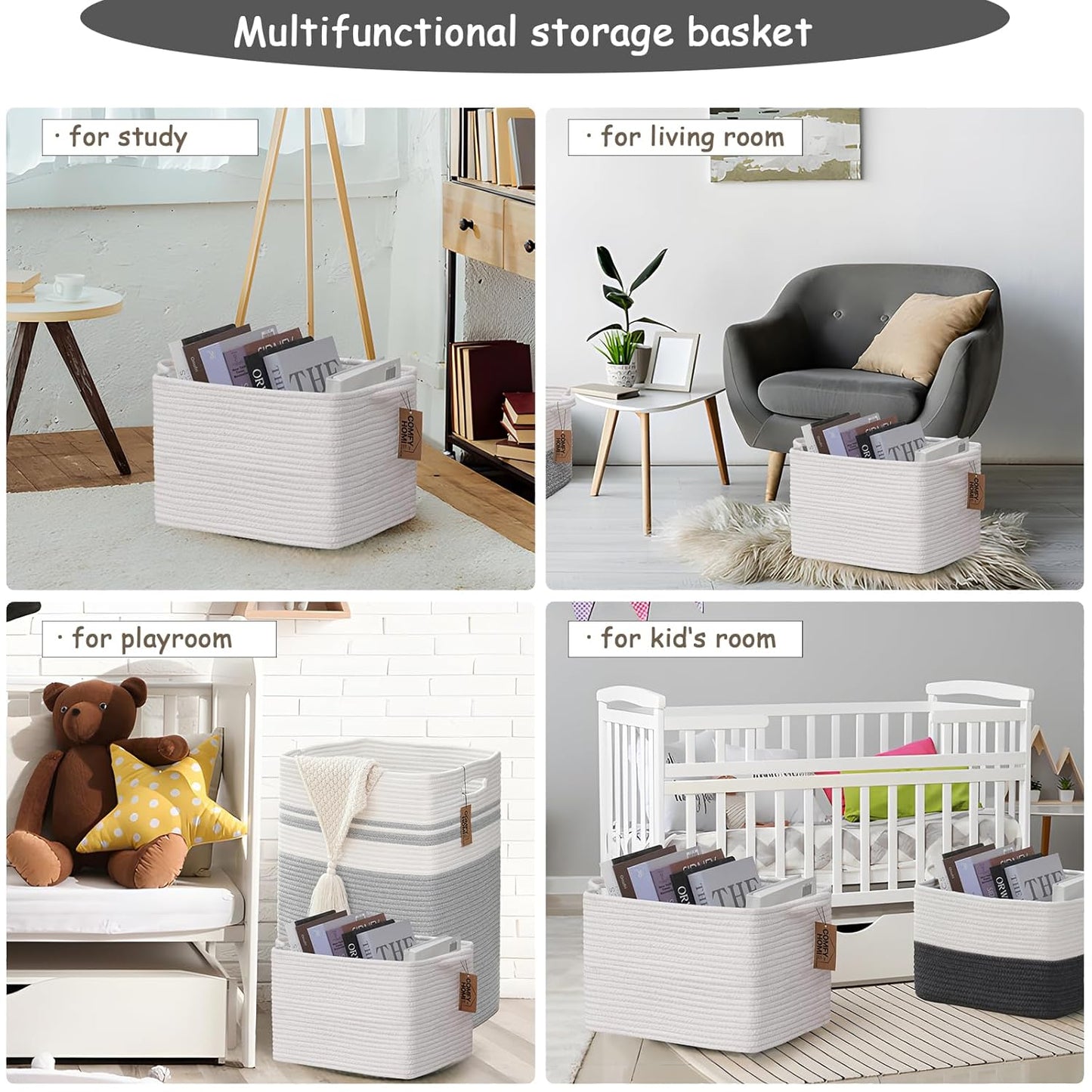 COMFY-HOMI Cotton Rope Woven Basket with Handles for Shelves,Toys,Book, Cloth Storage Baskets Bin for Organizing-13.5"x11"x9.5" Toy Decorative Organizer for Living Room, Bathroom-All White