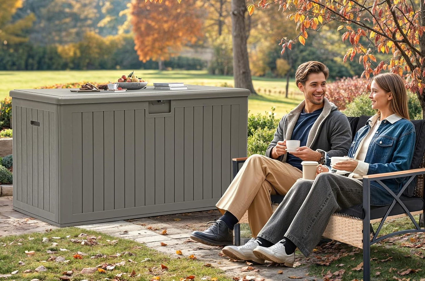 YITAHOME 200 Gallon Double-Wall Deck Box with Divider & Side Handles, Outdoor Large Storage for Patio Furniture Cushions, Garden Pool Accessories, Water Resistant & Lockable