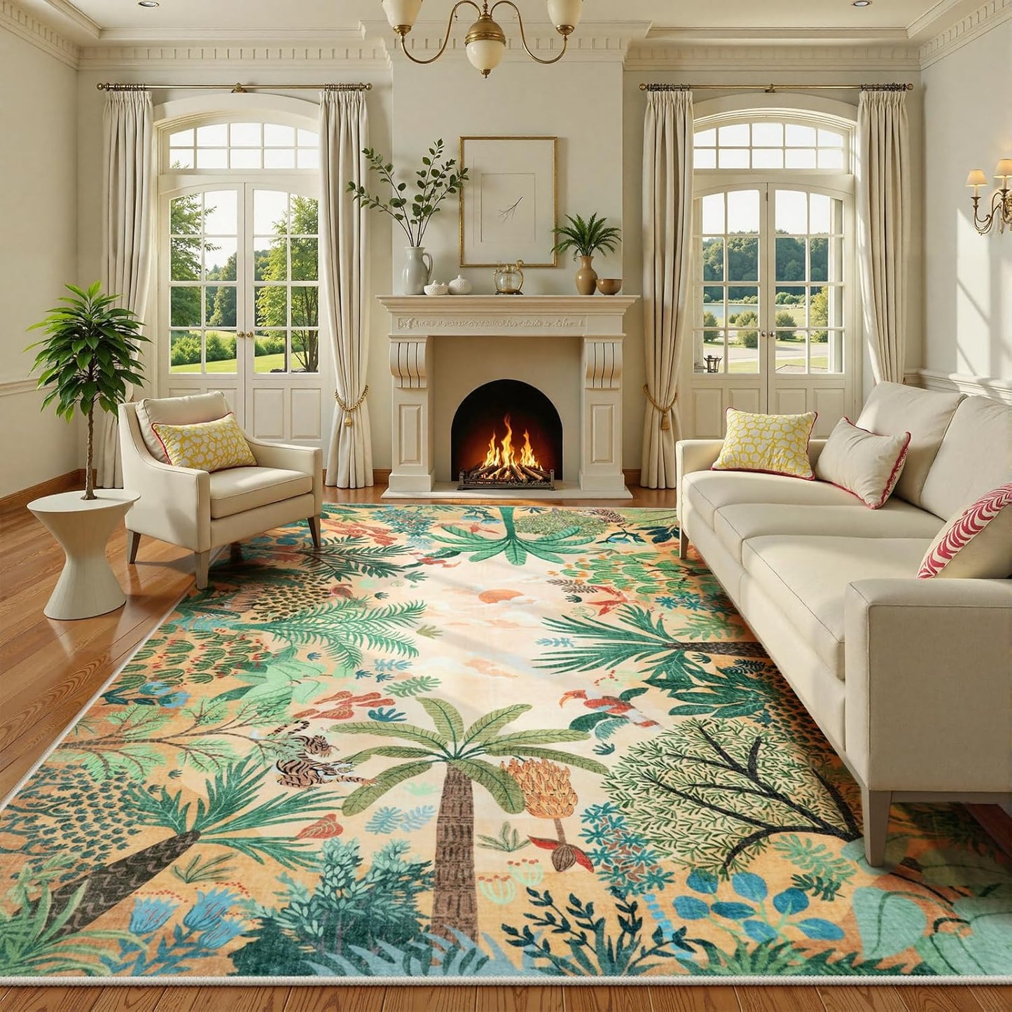 LIVEBOX Boho 8x10 Area Rugs for Living Room, Washable Soft Jungle Animal Print Rug for Bedroom, Farmhouse Non Slip Rug Floor Carpet, Forest Dining Room Rugs for Under Table