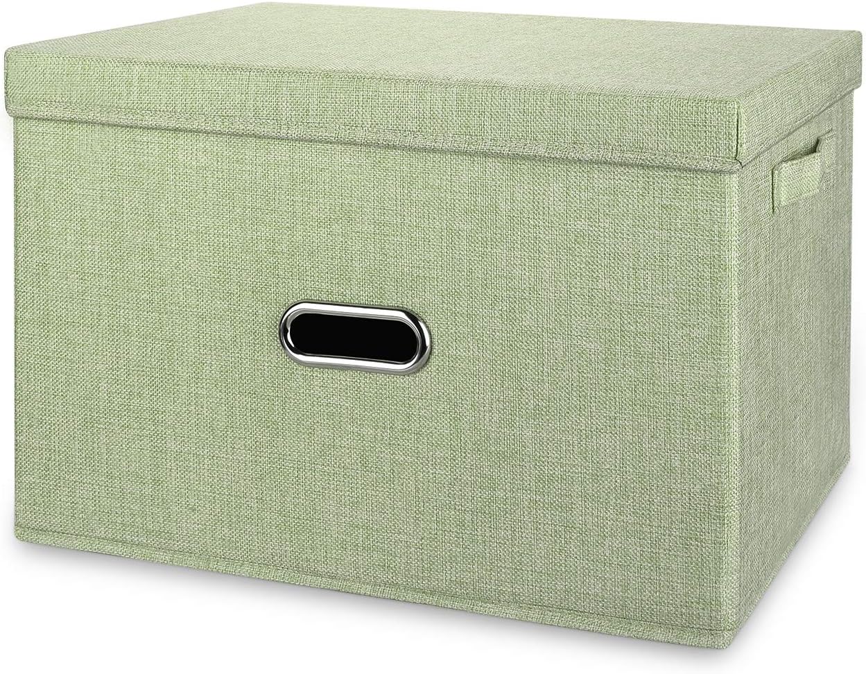 Linen Fabric Collapsible Storage Bins with Removable Lids and Handles, Washable Storage Box Containers Baskets Cube with Cover for Bedroom,Closet,Office,Living Room,Nursery (Green, Medium)