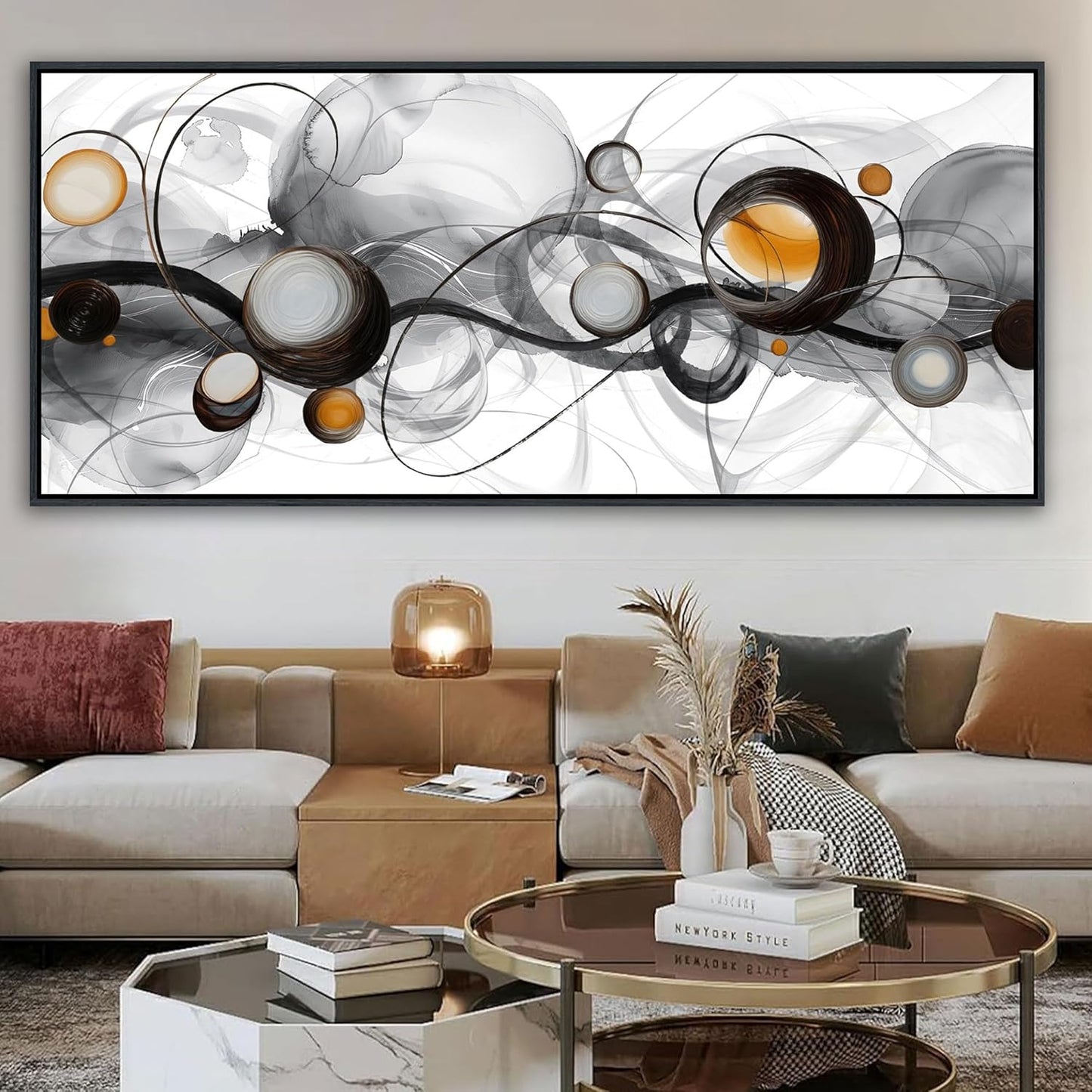 XLSJERST Large Size Frame Wall Art for Living Room - 86x39 Inches Abstract Artwork Minimalist Painting Modern Black and White Canvas Picture Boho Gray Wall Art