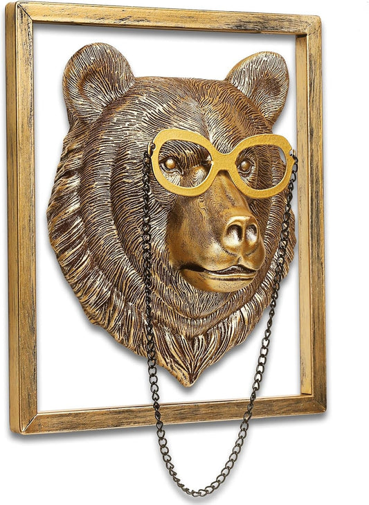 Animal Heads Wall Decor (Includes Metal Frame) Resin Animals Sculptures Head Wall Hanging Decoration Gold vintage Wall Sculpture for Living Room Bedroom Office(Bear)