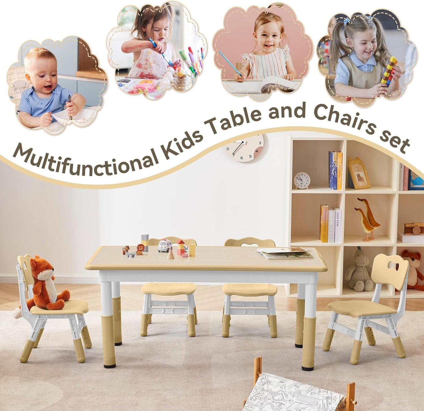 Kids Study Table and Chairs Set, Height Adjustable Toddler Table and Chair Set for Kids Ages 3-8, Graffiti Desktop (Wooden Brown)