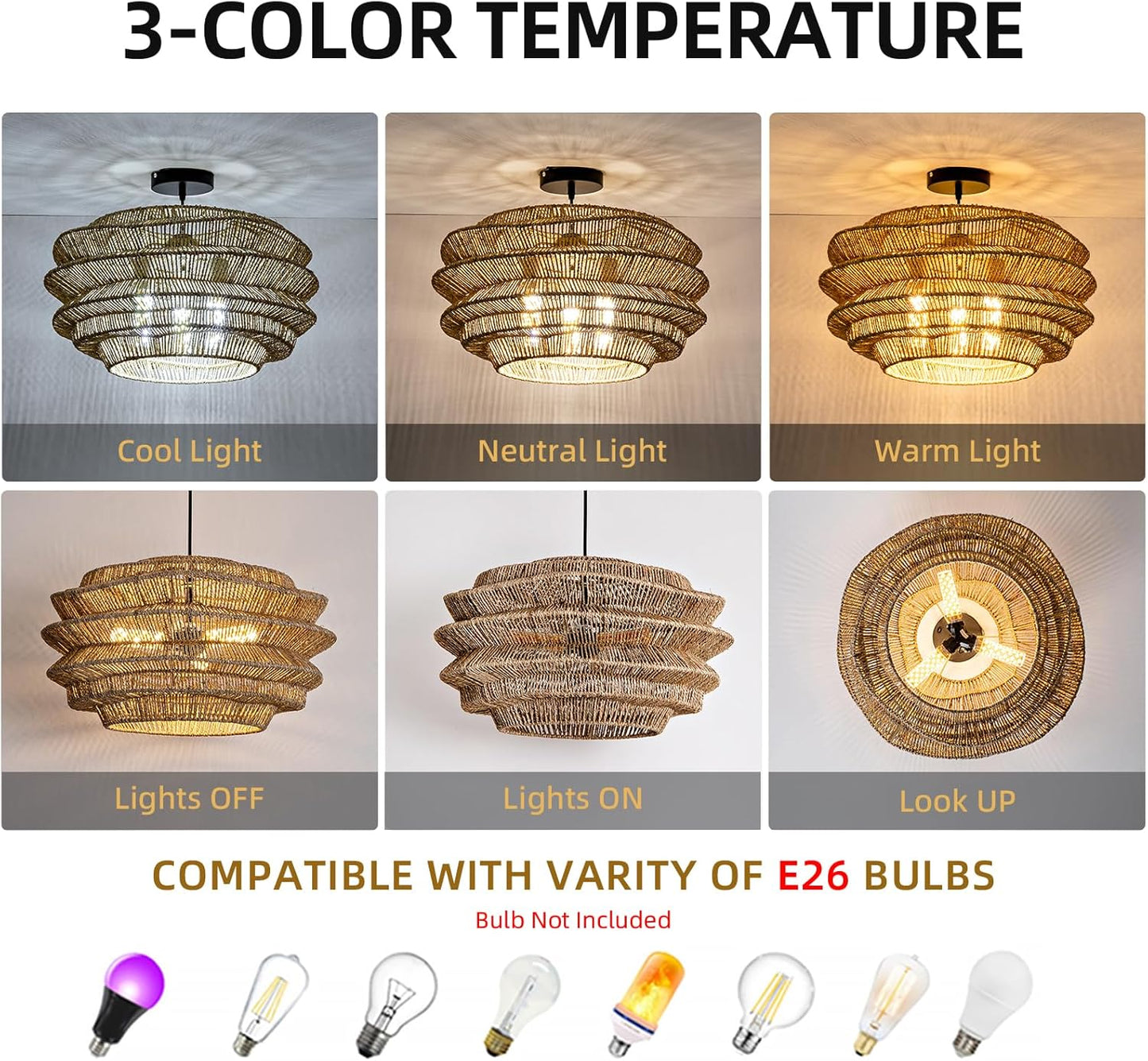 19.7" Rattan Pendant Light,3-Light Hand-Woven Rustic Wicker Hanging Light Seagrass Ceiling Chandelier,Water Plants Rattan Chandelier for Dining Living Bedroom Kitchen Farmhouse
