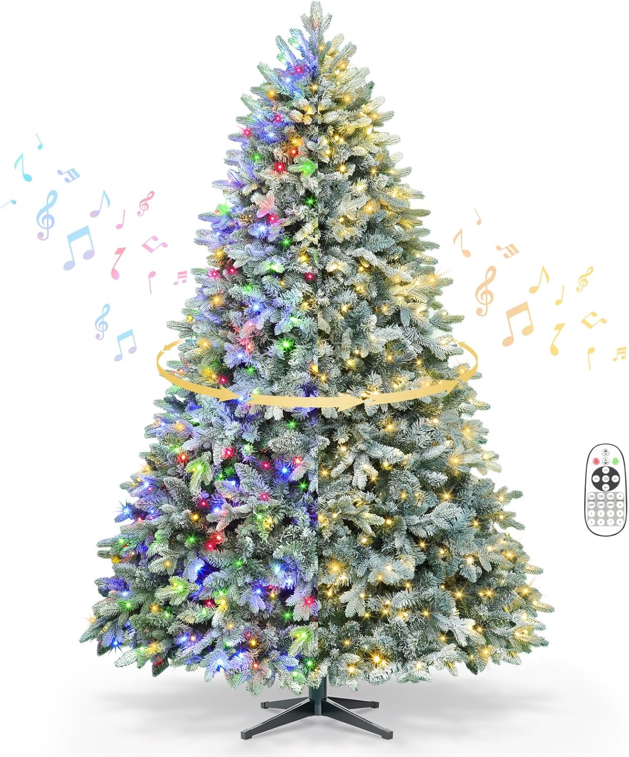 9ft Pre-lit Artificial Christmas Tree with Remote, Snow Flocked Xmas Trees Rotating & Foldable Stand, RGB & Warm White Light for Home Decor