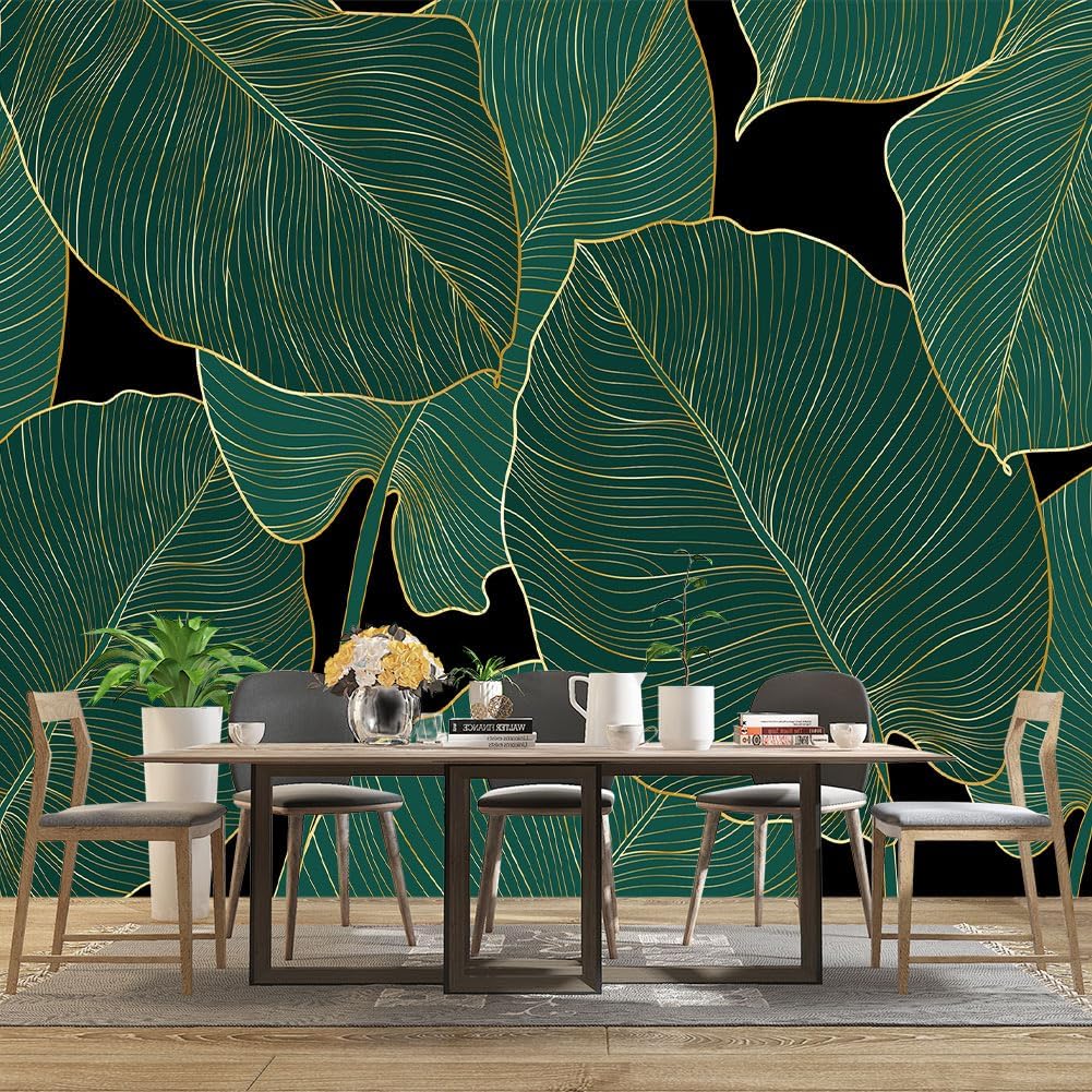 Black and Gold Leaf Mural Bedroom Tropical Green Botanical Wallpaper Room Plant Decor Living Room tv Background Large Wall Mural - 160"x108" (Not Peel and Stick)