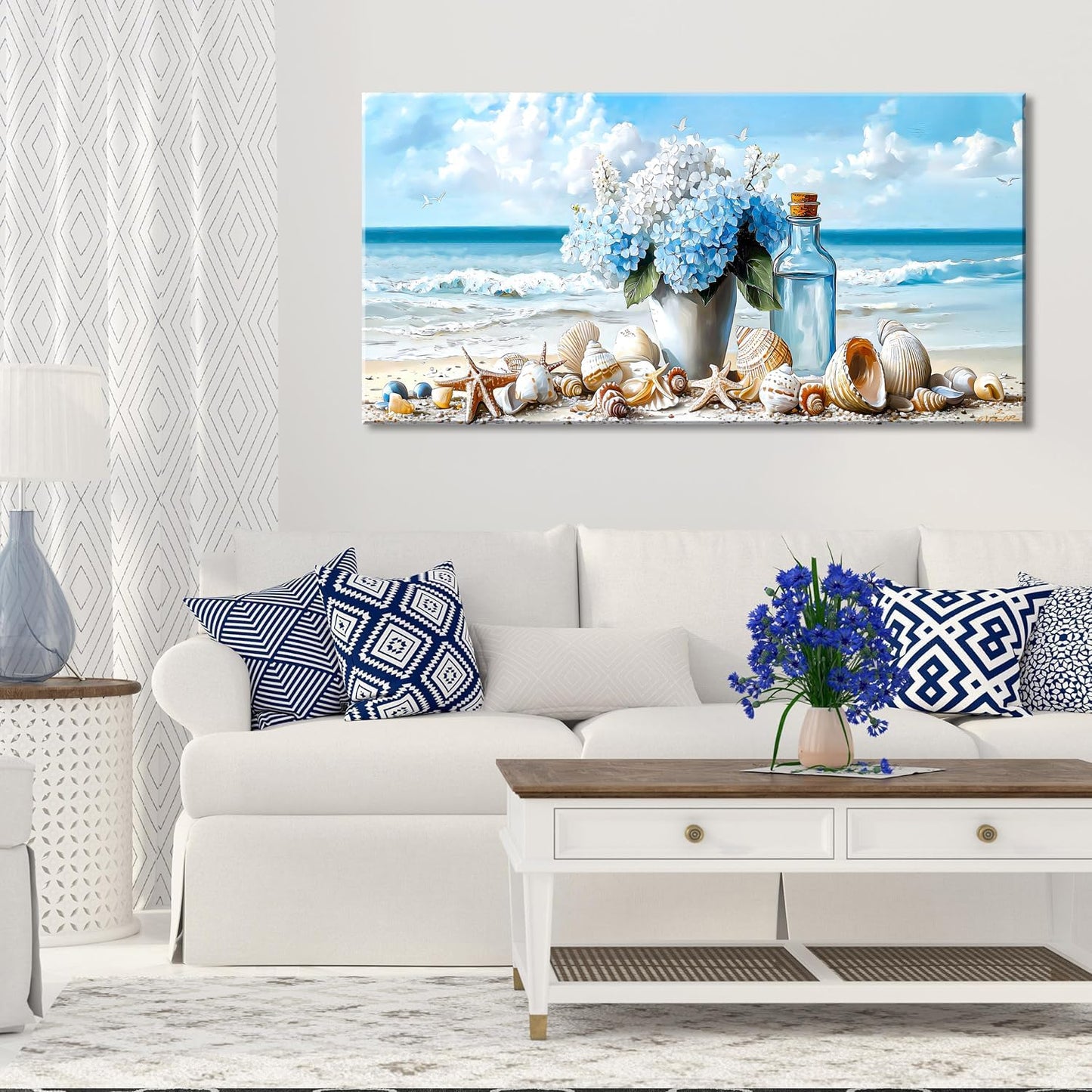 LASMOND Romantic Beach Wall Art for Living Room Blue Shells Conch Vase Canvas Prints Modern Large Flower Bottle Bedroom Ocean Artwork Decor (30x16 Inches)