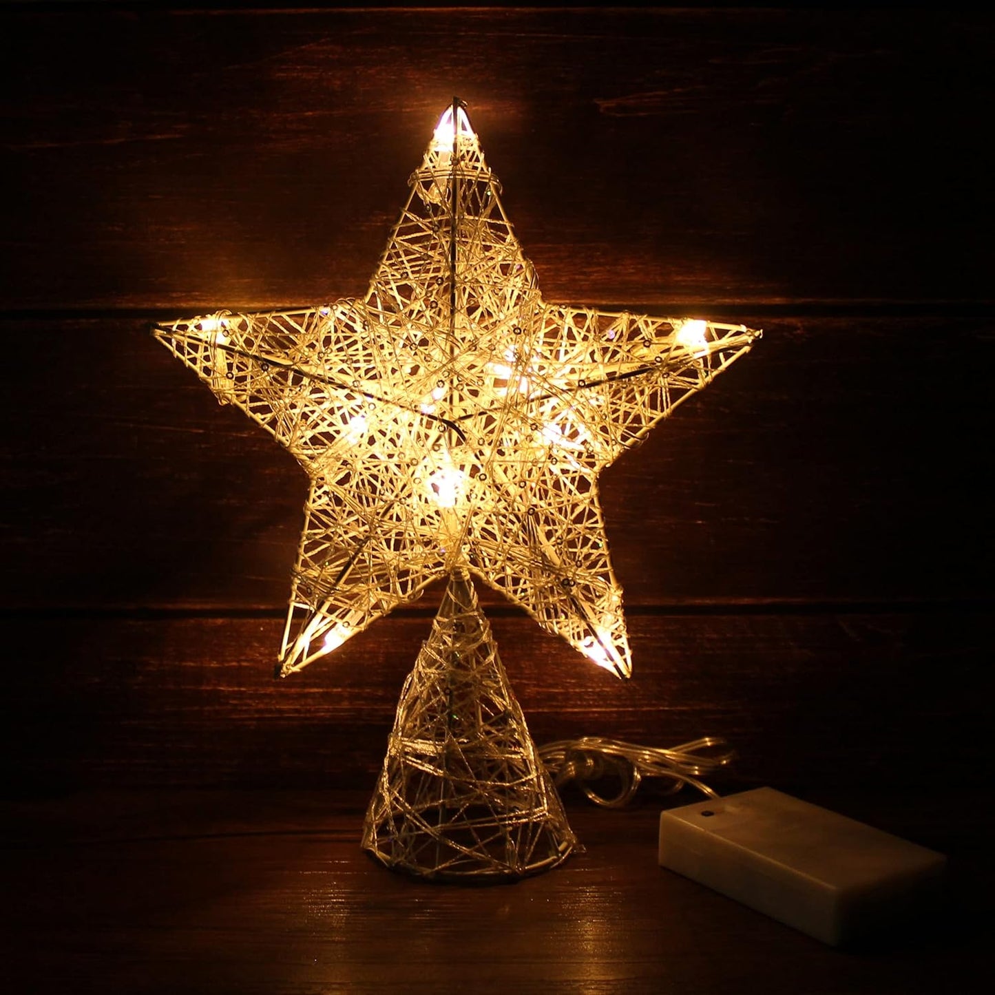 CVHOMEDECO. White Tree Top Star with Warm White LED Lights and Timer for Christmas Ornaments and Holiday Seasonal Décor, 8 x 10 Inch