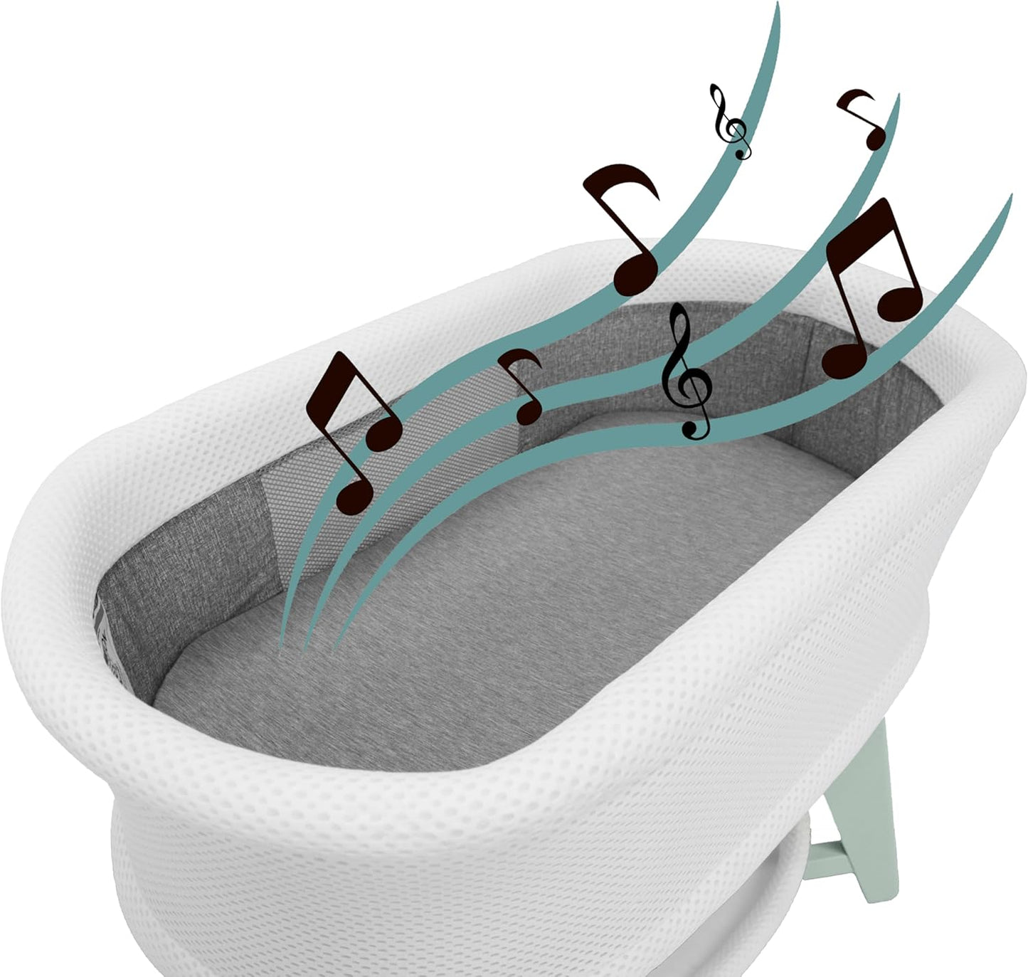 Evi Smart Baby Bassinet Beside Sleeper with Auto-Glide, Ambient Nightlight & Sensory Sounds, Compatible with Alexa and Google Home, Includes 2 Sheets (White w/Mint Green Base)